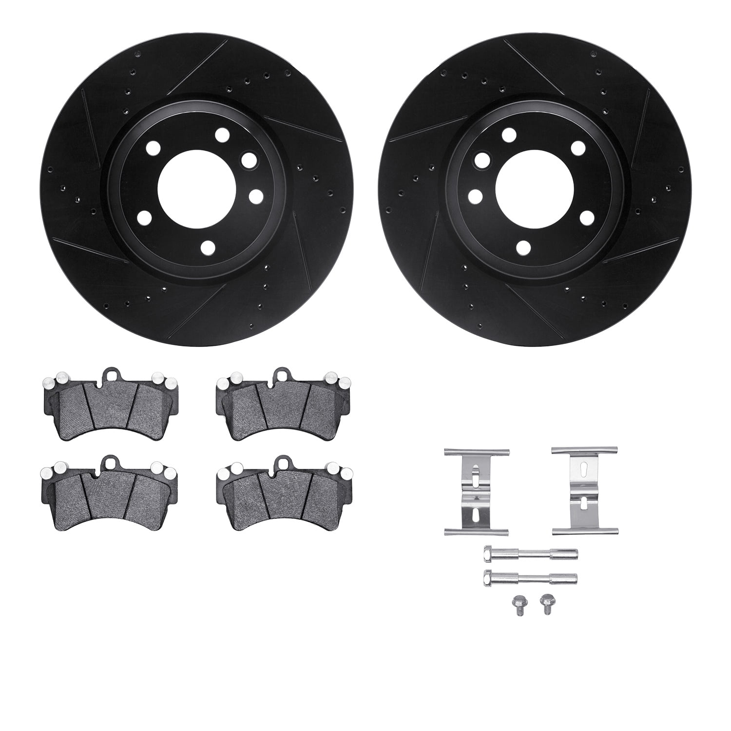 Dynamic Friction Company Front Brake Rotors-Drilled and Slotted-Black with 5000 Advanced Brake Pads includes Hardware 8512-74076