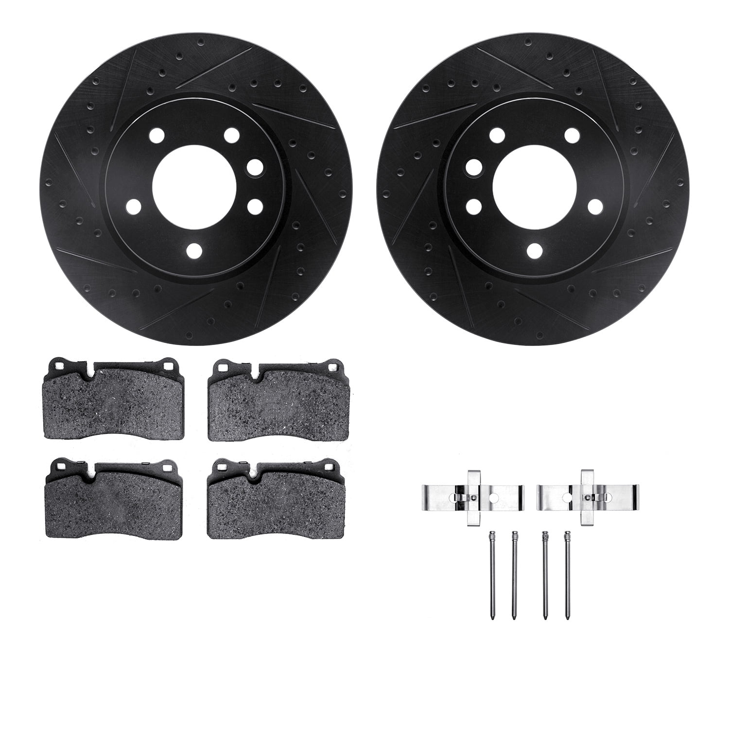 Dynamic Friction Company Front Brake Rotors-Drilled and Slotted-Black with 5000 Advanced Brake Pads includes Hardware 8512-74100