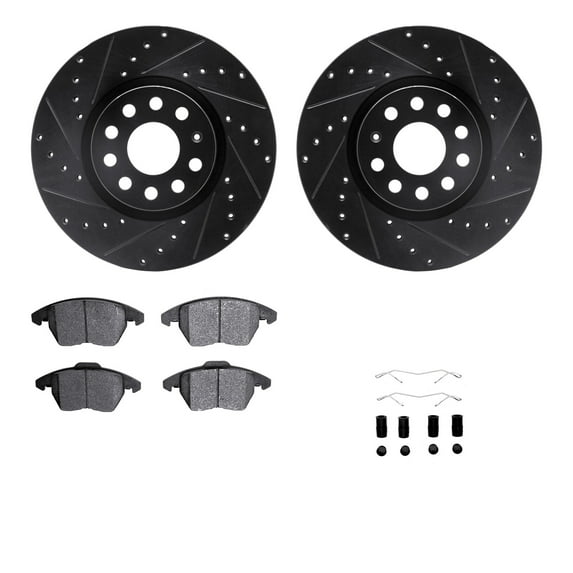 Dynamic Friction Company Front Brake Rotors-Drilled and Slotted-Black with 5000 Advanced Brake Pads includes Hardware 8512-74105