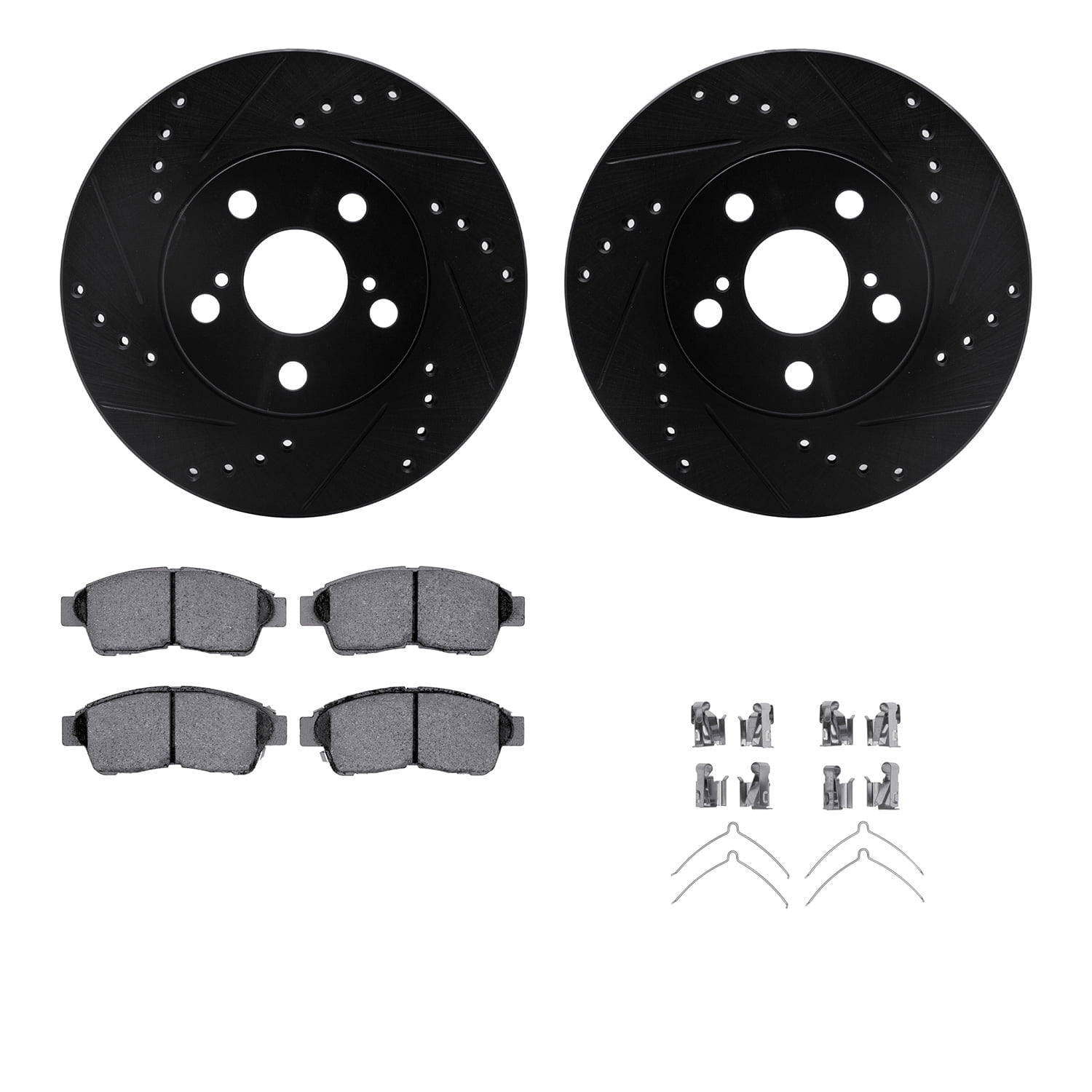 Dynamic Friction Company Front Brake Rotors-Drilled and Slotted-Black with 5000 Advanced Brake Pads includes Hardware 8512-76079