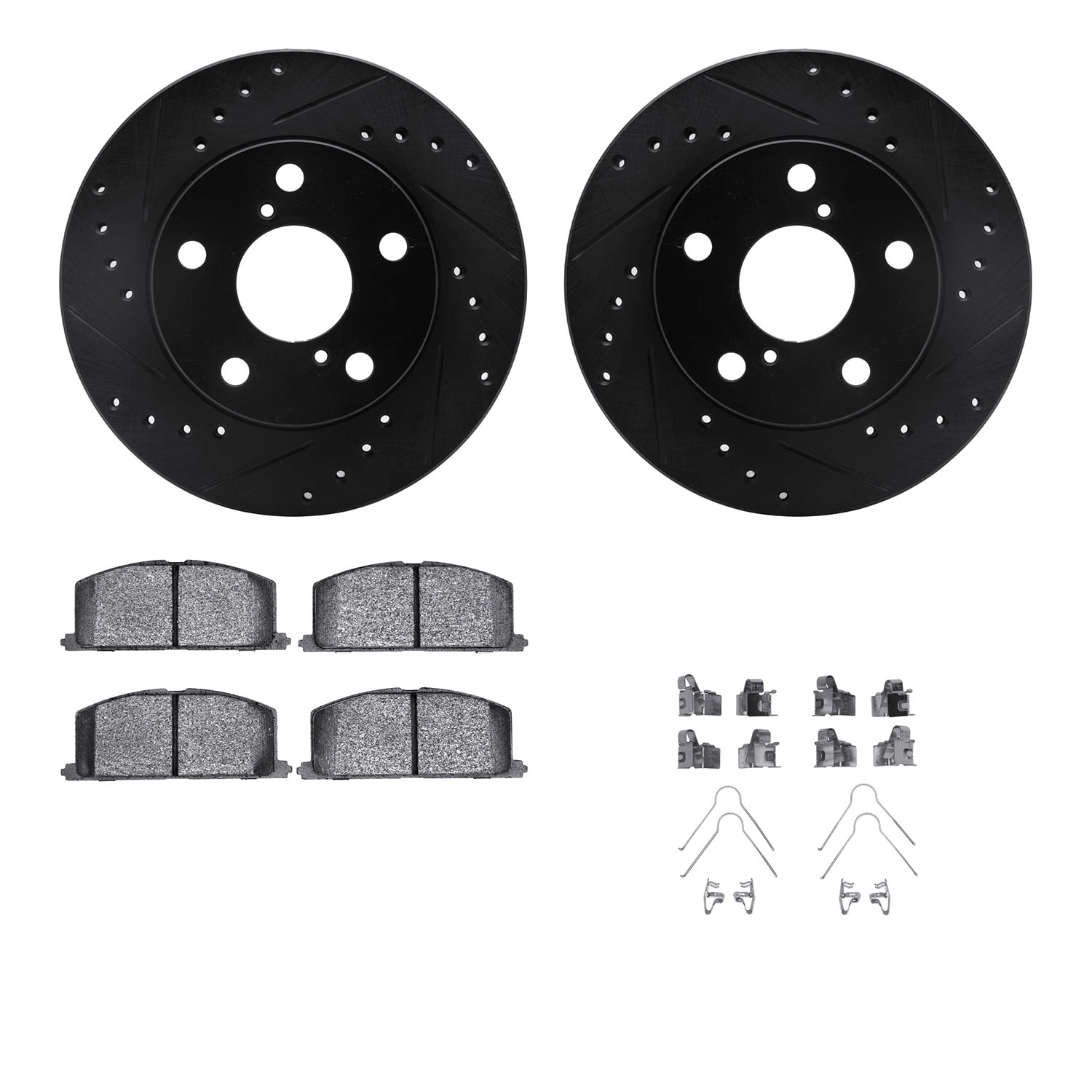 Dynamic Friction Company Front Brake Rotors-Drilled and Slotted-Black with 5000 Advanced Brake Pads includes Hardware 8512-76154