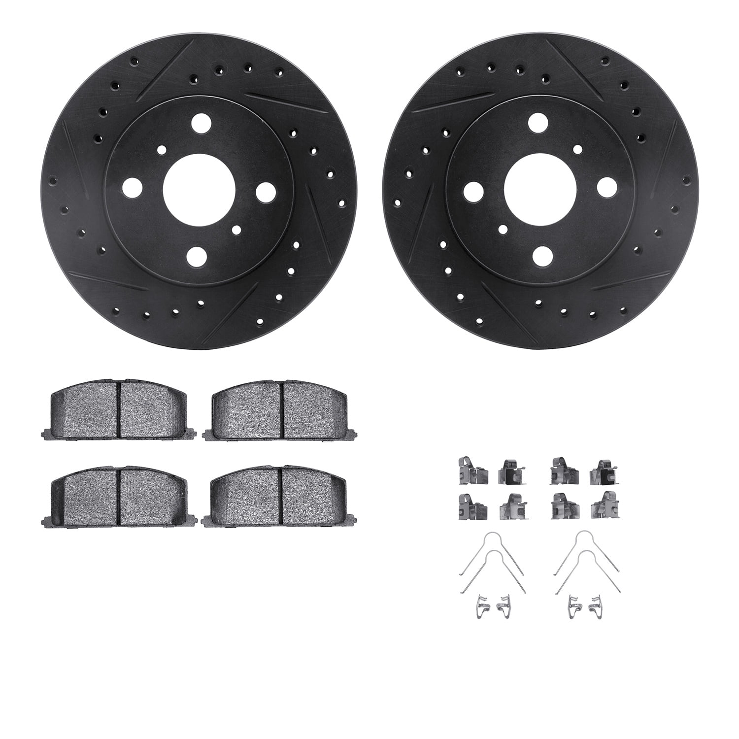 Dynamic Friction Company Front Brake Rotors-Drilled and Slotted-Black with 5000 Advanced Brake Pads includes Hardware 8512-76215