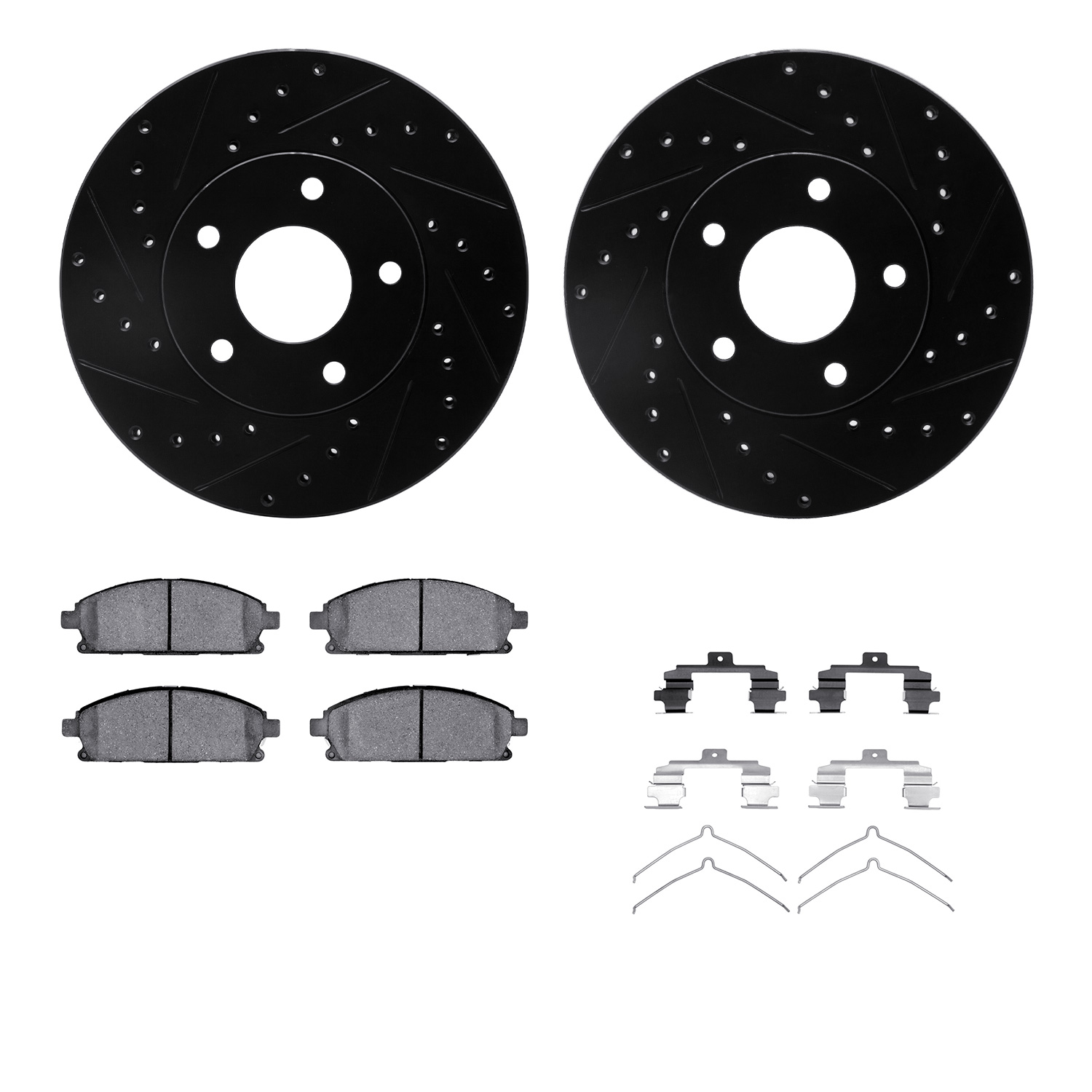 Dynamic Friction Company Front Brake Rotors-Drilled and Slotted-Black with 5000 Advanced Brake Pads includes Hardware 8512-92004