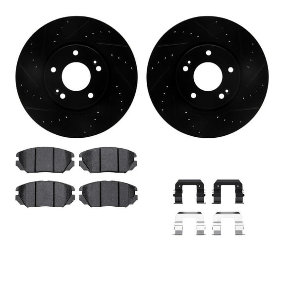 Dynamic Friction Company Front Brake Rotors-Drilled and Slotted-Black with 5000 Euro Ceramic Brake Pads includes Hardware 8612-03001