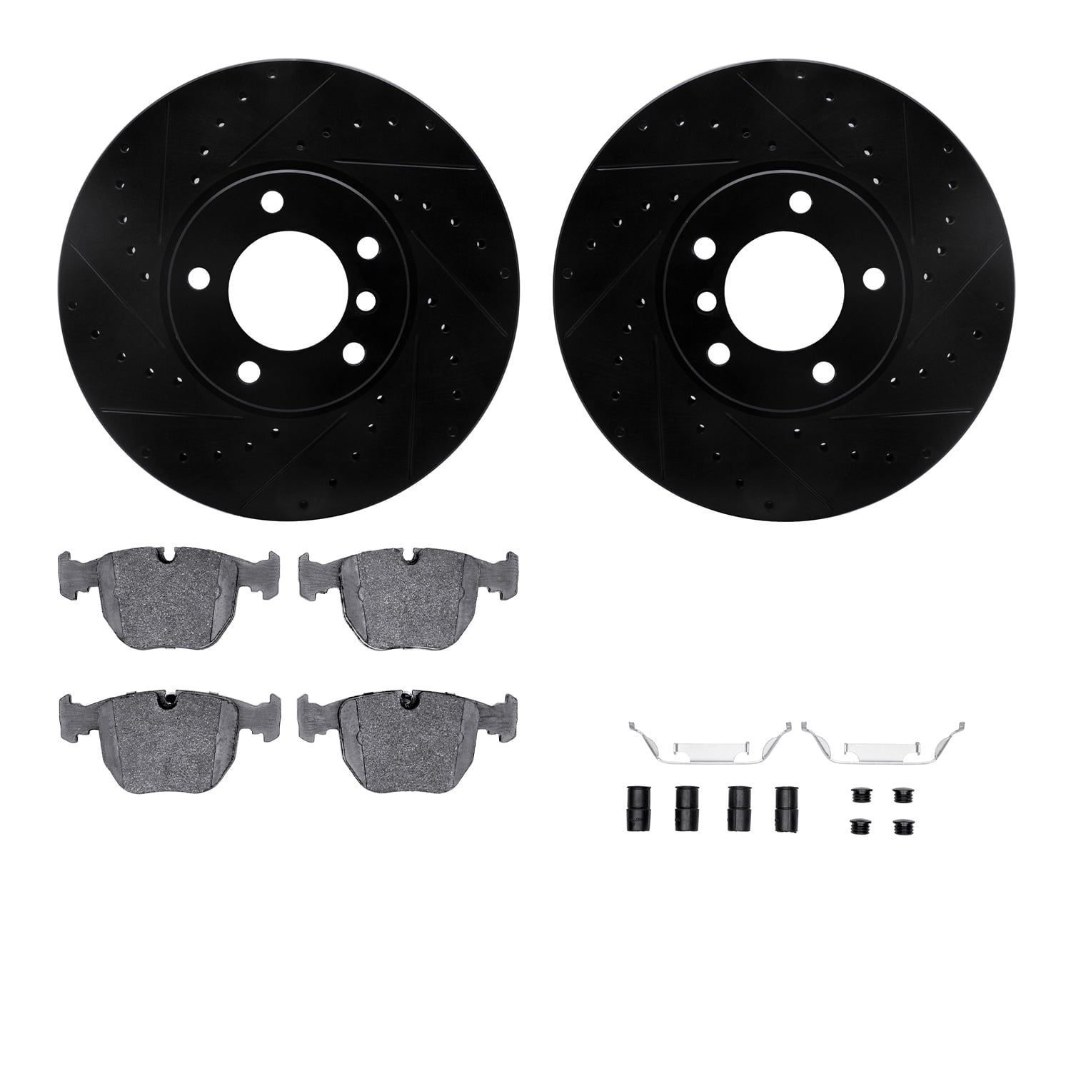 Dynamic Friction Company Front Brake Rotors-Drilled and Slotted-Black with 5000 Euro Ceramic Brake Pads includes Hardware 8612-31048
