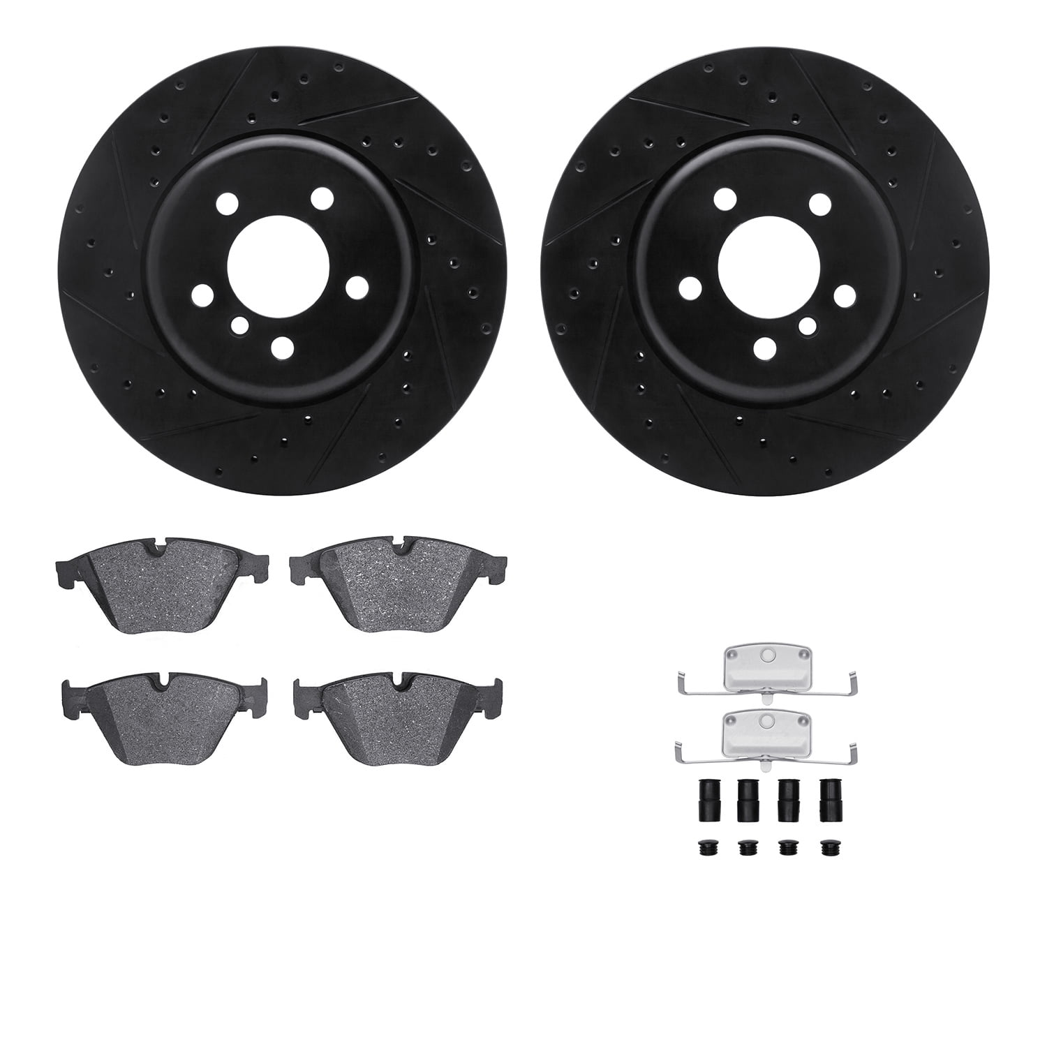 Dynamic Friction Company Front Brake Rotors-Drilled and Slotted-Black with 5000 Euro Ceramic Brake Pads includes Hardware 8612-31084