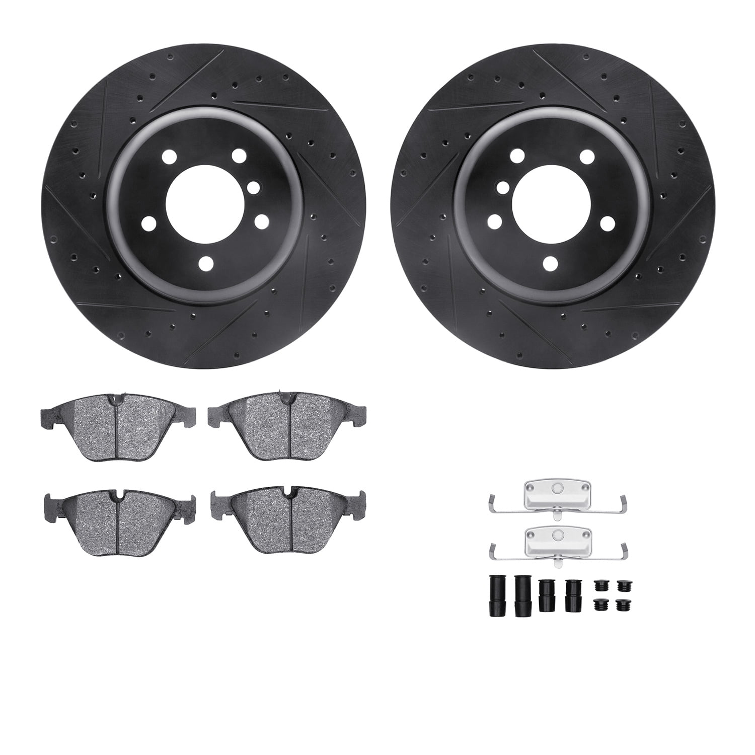 Dynamic Friction Company Front Brake Rotors-Drilled and Slotted-Black with 5000 Euro Ceramic Brake Pads includes Hardware 8612-31090