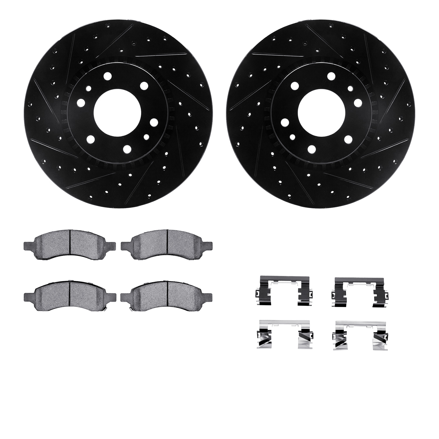 Dynamic Friction Company Front Brake Rotors-Drilled and Slotted-Black with 5000 Euro Ceramic Brake Pads includes Hardware 8612-48004