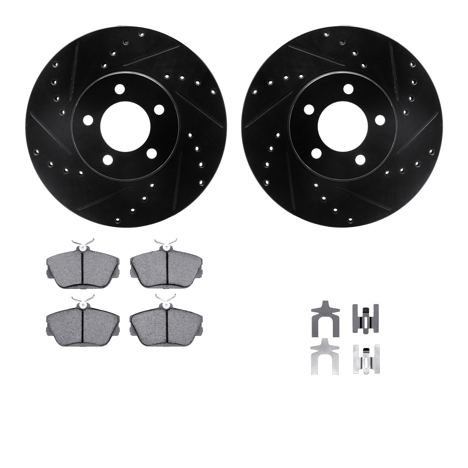 Dynamic Friction Company Front Brake Rotors-Drilled and Slotted-Black with 5000 Euro Ceramic Brake Pads includes Hardware 8612-54001
