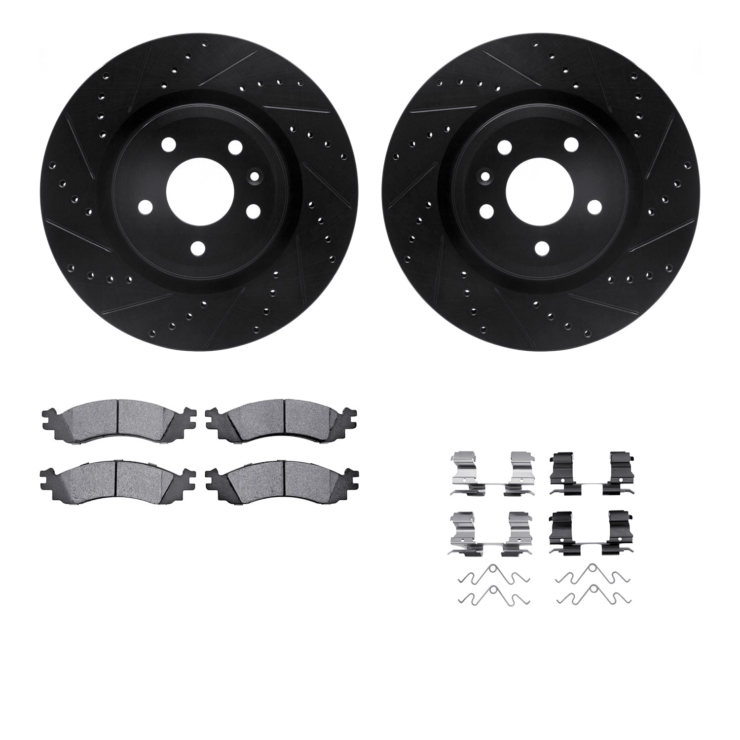 Dynamic Friction Company Front Brake Rotors-Drilled and Slotted-Black with 5000 Euro Ceramic Brake Pads includes Hardware 8612-54023