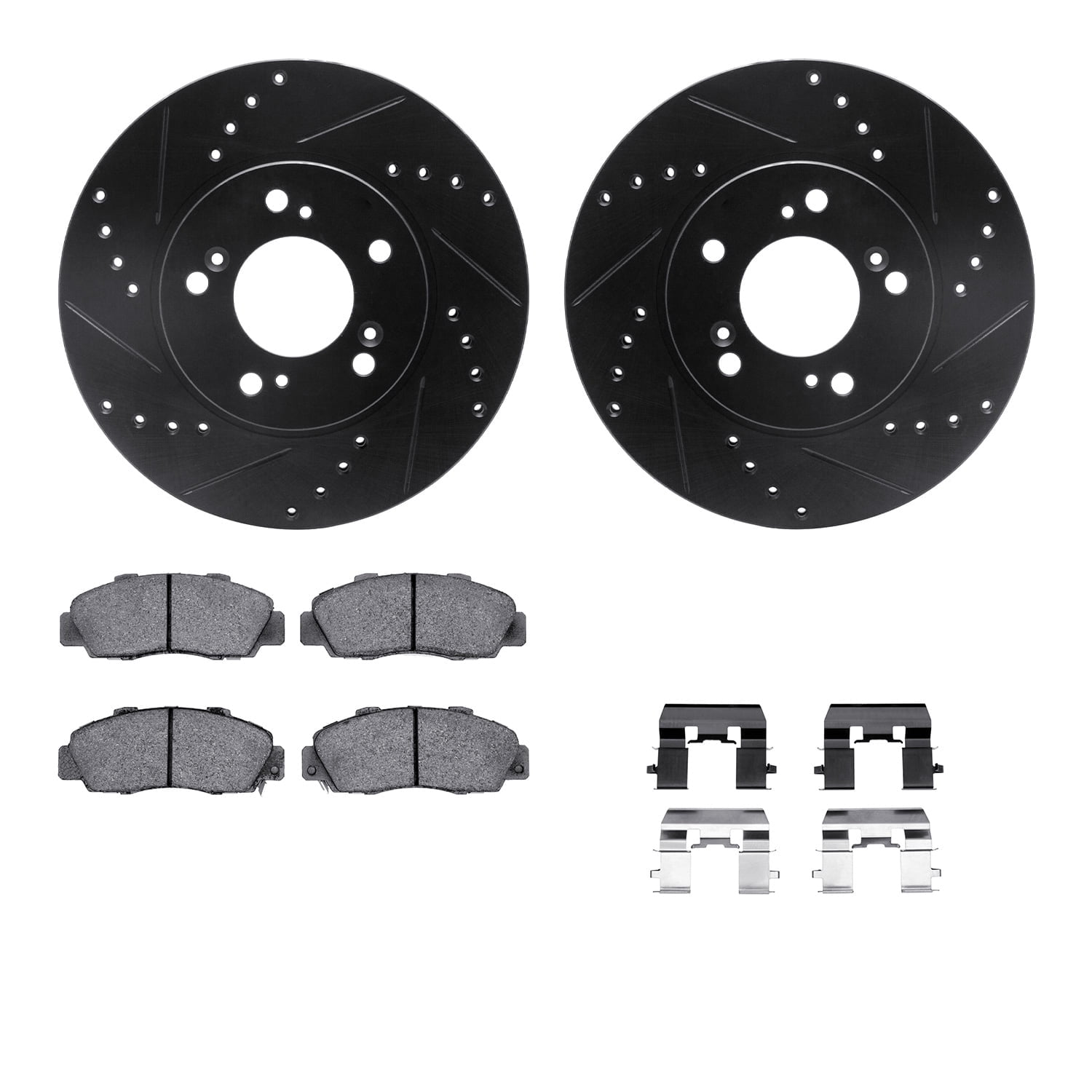 Dynamic Friction Company Front Brake Rotors-Drilled and Slotted-Black with 5000 Euro Ceramic Brake Pads includes Hardware 8612-59003