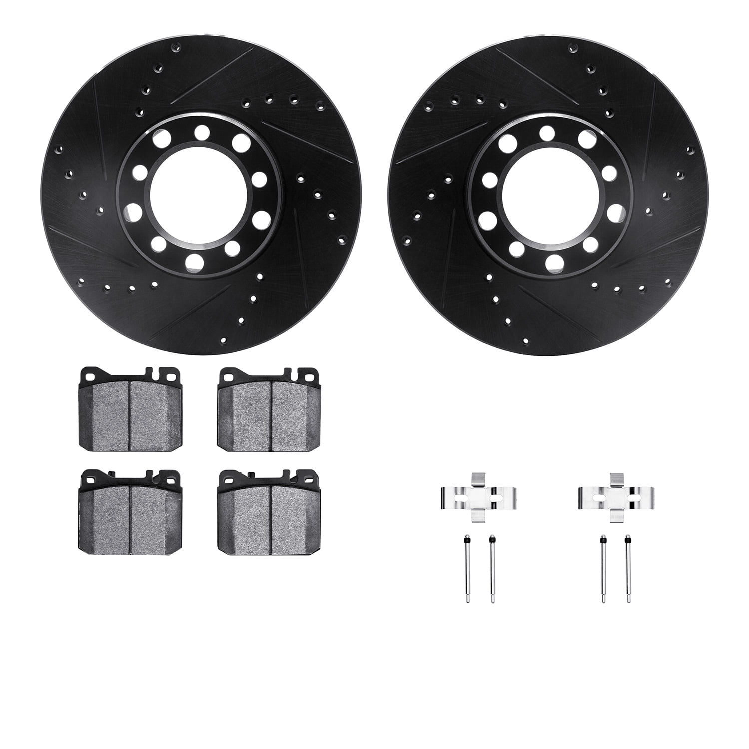 Dynamic Friction Company Front Brake Rotors-Drilled and Slotted-Black with 5000 Euro Ceramic Brake Pads includes Hardware 8612-63019