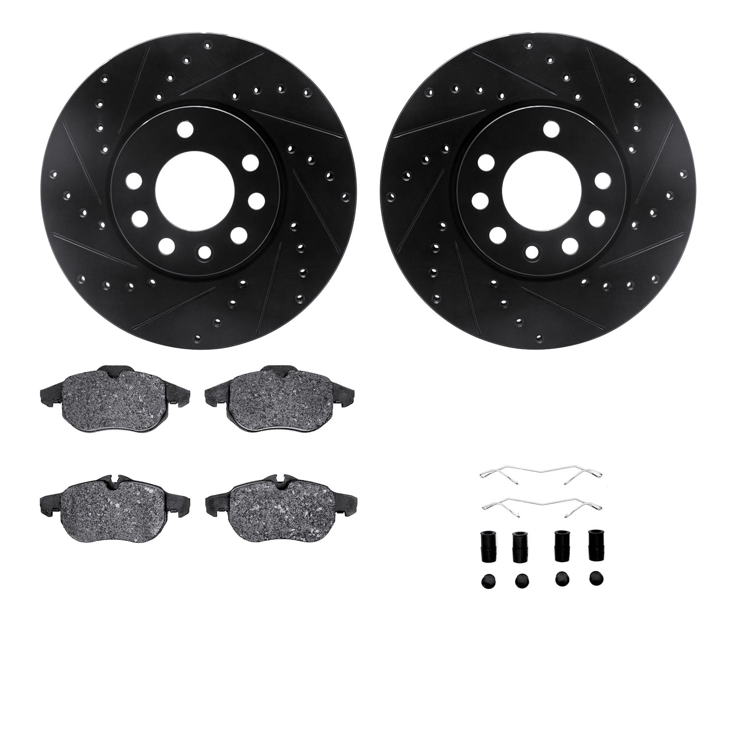 Dynamic Friction Company Front Brake Rotors-Drilled and Slotted-Black with 5000 Euro Ceramic Brake Pads includes Hardware 8612-65010