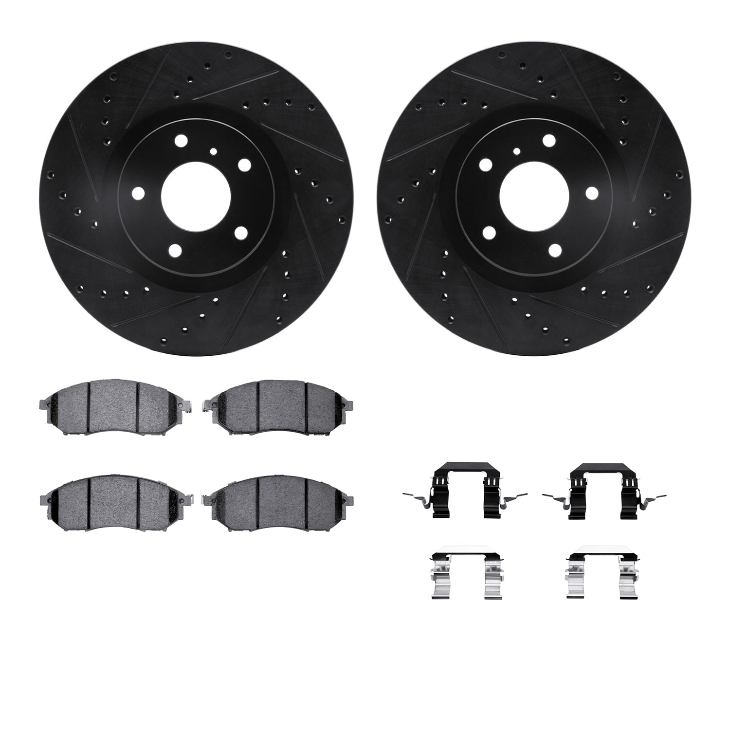 Dynamic Friction Company Front Brake Rotors-Drilled and Slotted-Black with 5000 Euro Ceramic Brake Pads includes Hardware 8612-67002