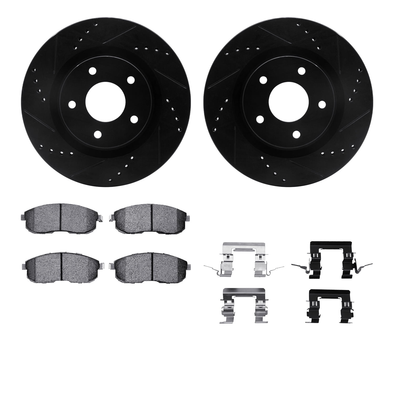 Dynamic Friction Company Front Brake Rotors-Drilled and Slotted-Black with 5000 Euro Ceramic Brake Pads includes Hardware 8612-67005