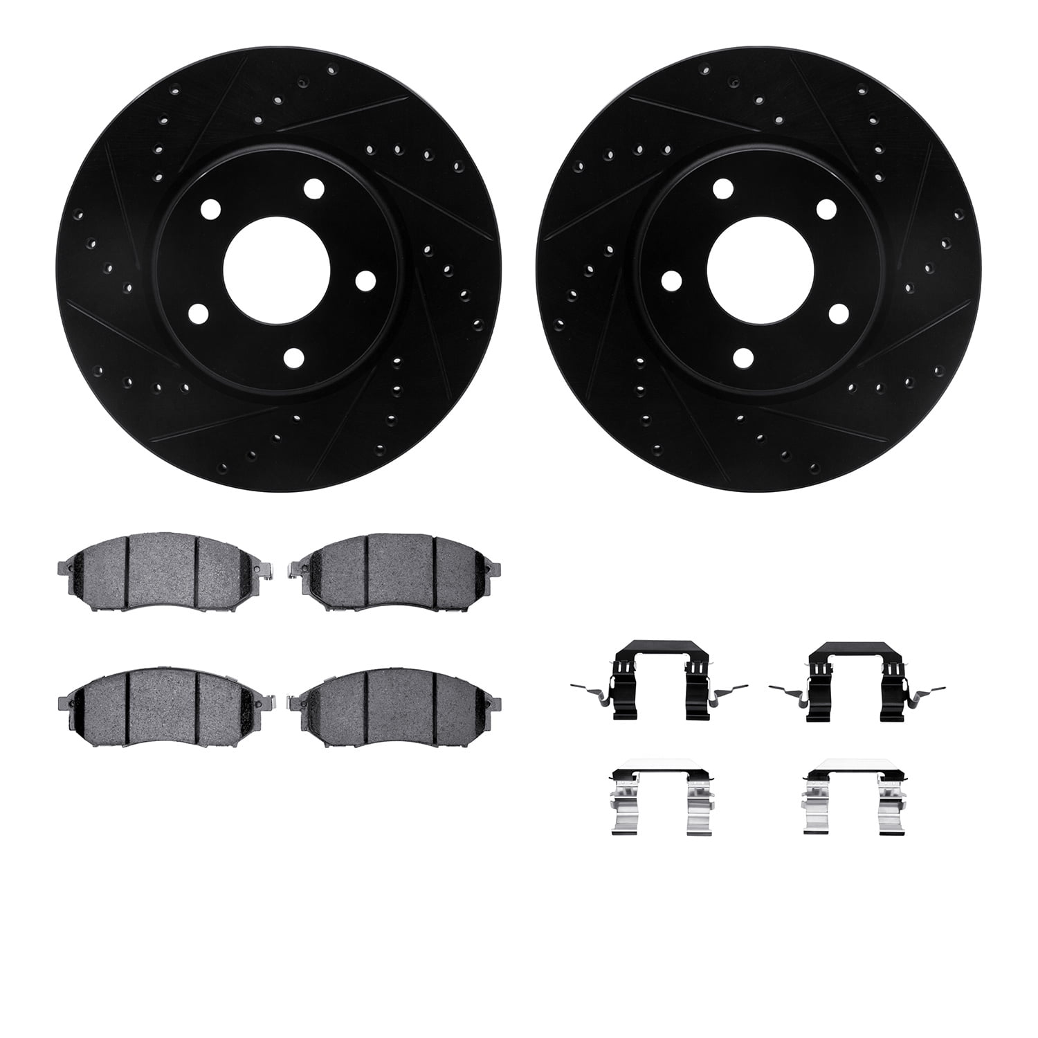 Dynamic Friction Company Front Brake Rotors-Drilled and Slotted-Black with 5000 Euro Ceramic Brake Pads includes Hardware 8612-67008