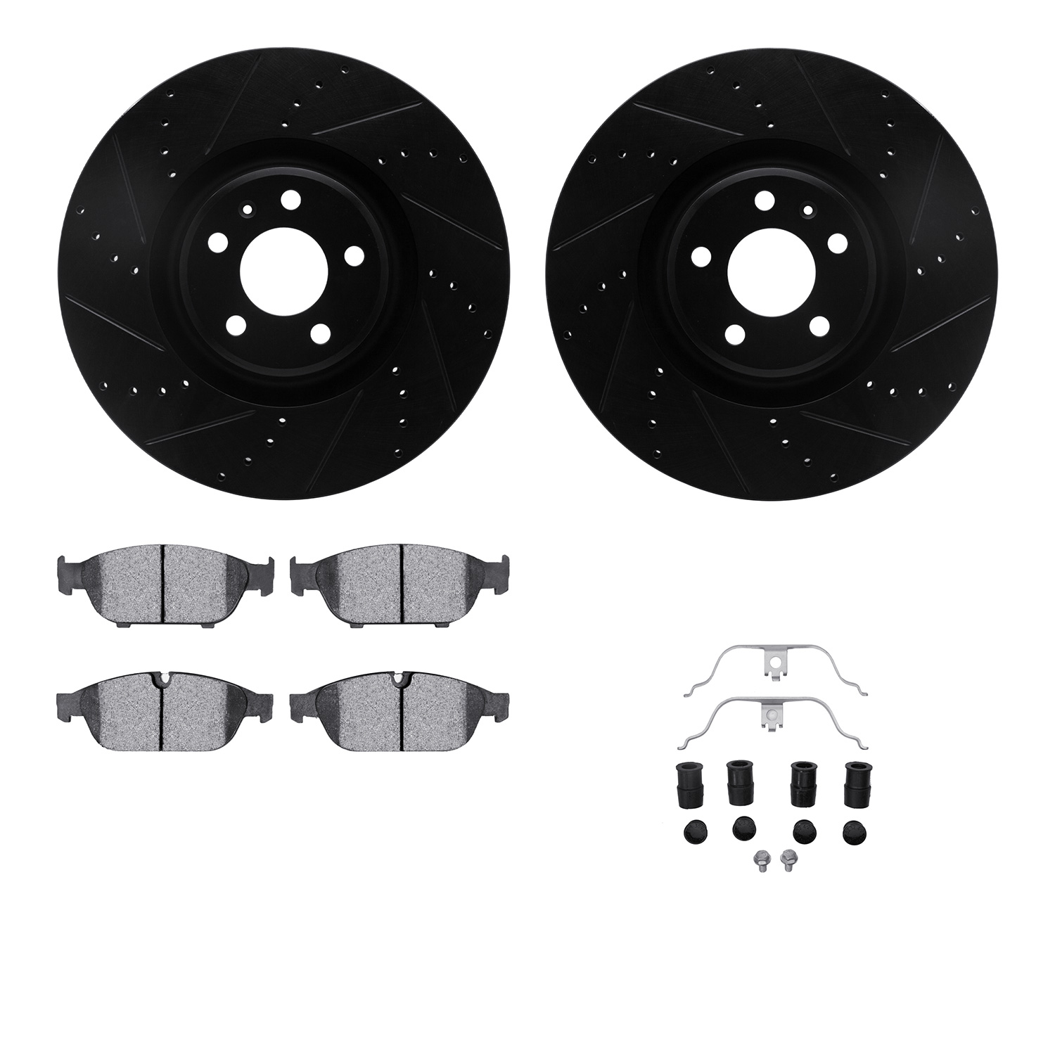 Dynamic Friction Company Front Brake Rotors-Drilled and Slotted-Black with 5000 Euro Ceramic Brake Pads includes Hardware 8612-73052