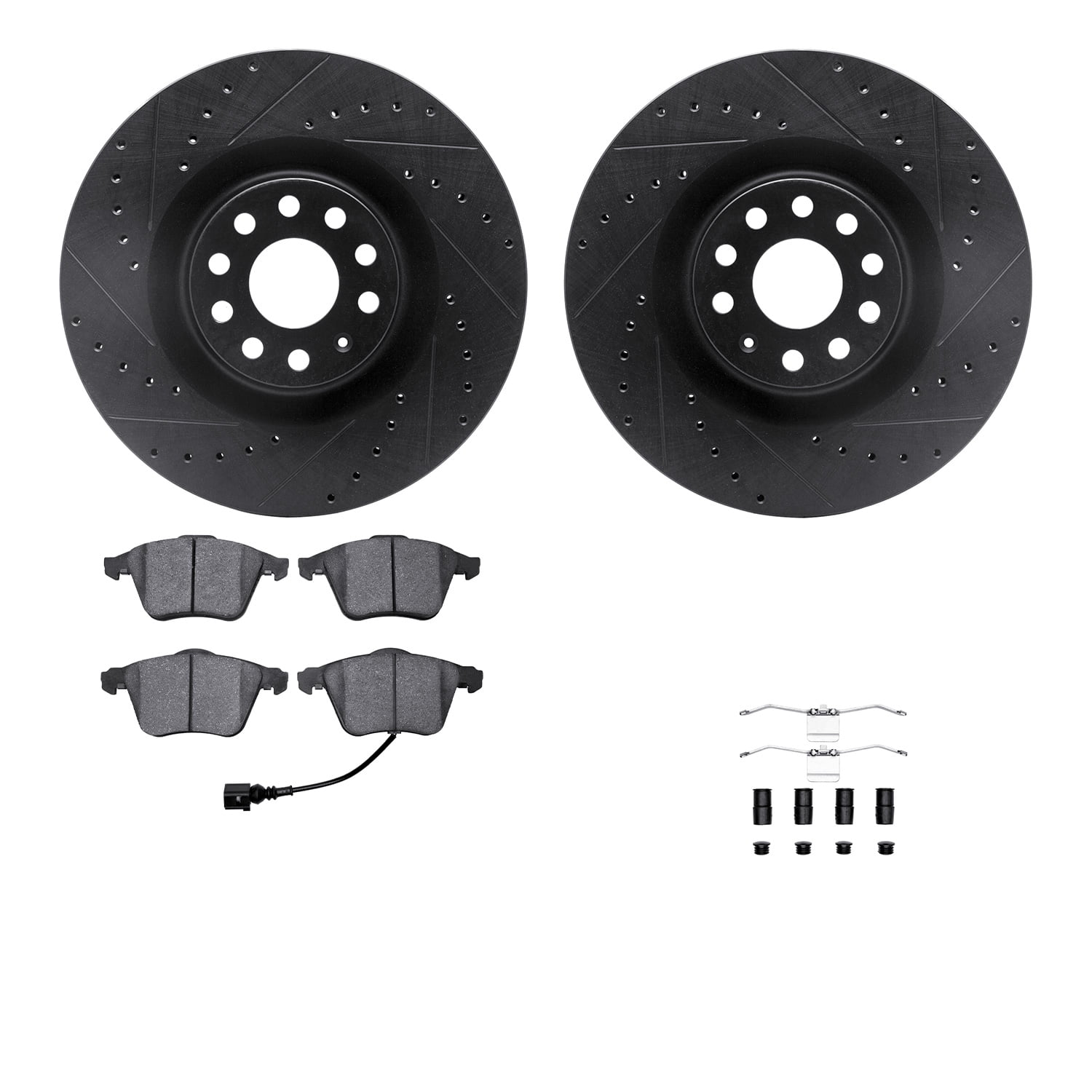 Dynamic Friction Company Front Brake Rotors-Drilled and Slotted-Black with 5000 Euro Ceramic Brake Pads includes Hardware 8612-74034