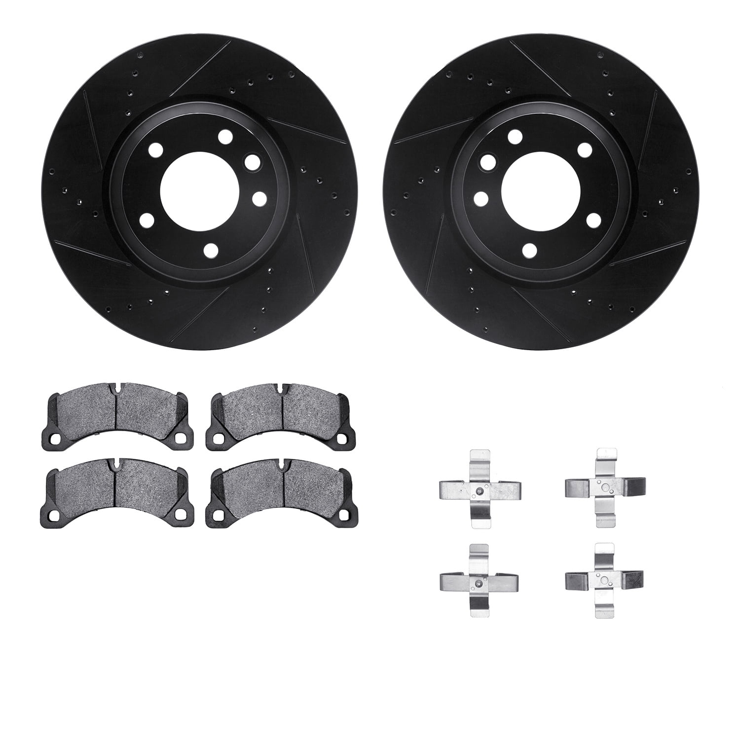 Dynamic Friction Company Front Brake Rotors-Drilled and Slotted-Black with 5000 Euro Ceramic Brake Pads includes Hardware 8612-74051