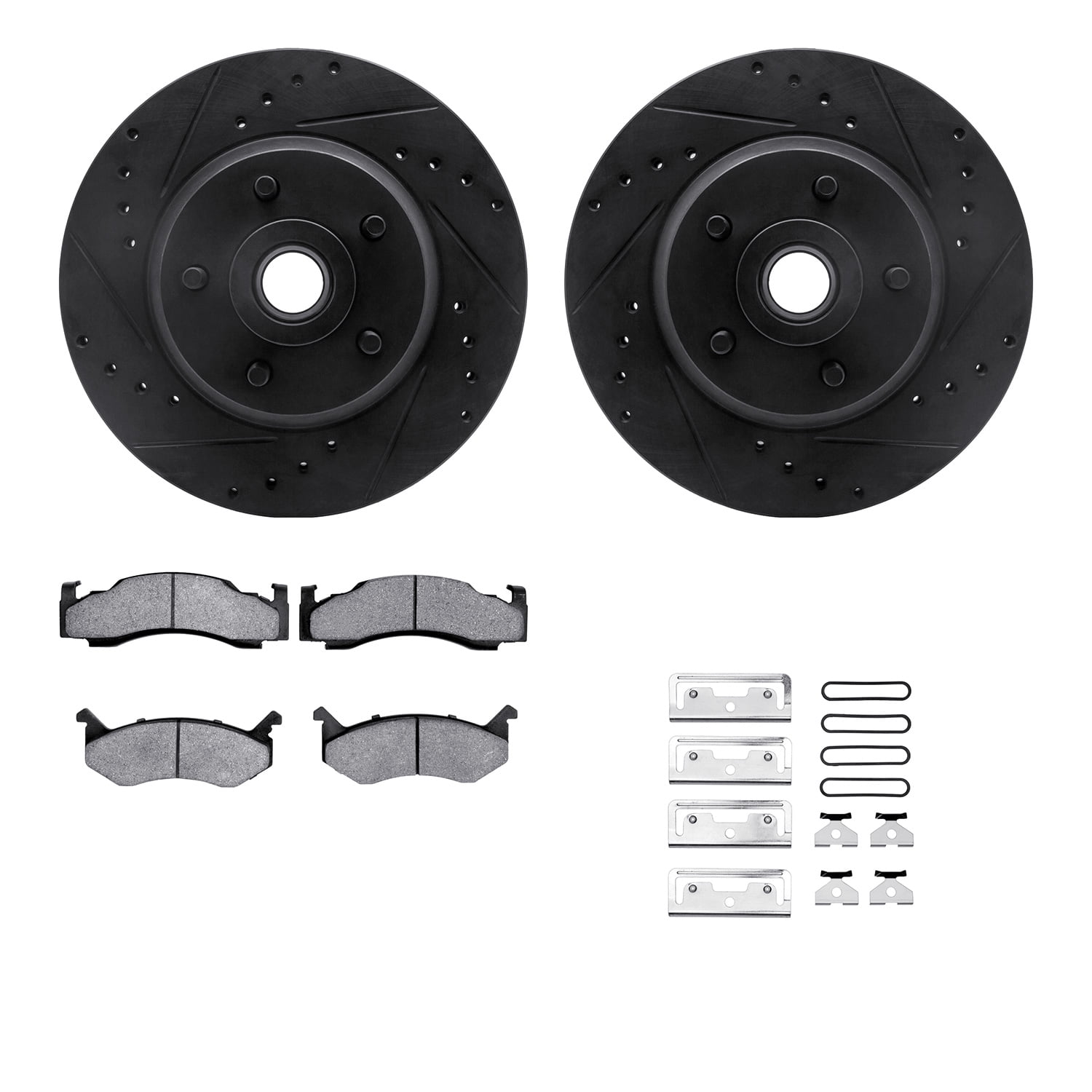Dynamic Friction Company Front Brake Rotors-Drilled and Slotted-Black with Heavy Duty Brake Pads includes Hardware 8212-39061
