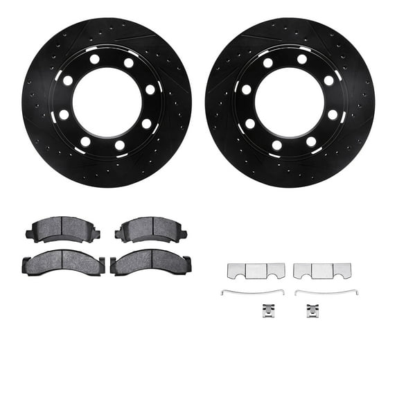 Dynamic Friction Company Front Brake Rotors-Drilled and Slotted-Black with Heavy Duty Brake Pads includes Hardware 8212-40113