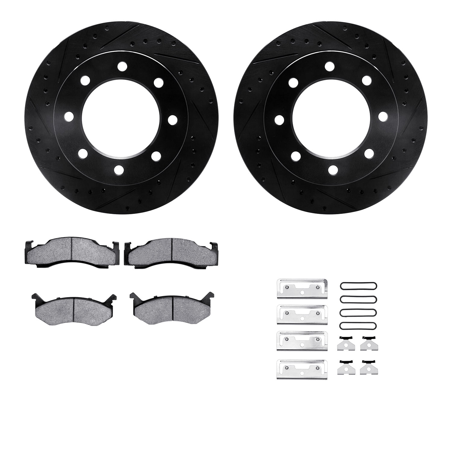 Dynamic Friction Company Front Brake Rotors-Drilled and Slotted-Black with Heavy Duty Brake Pads includes Hardware 8212-40119