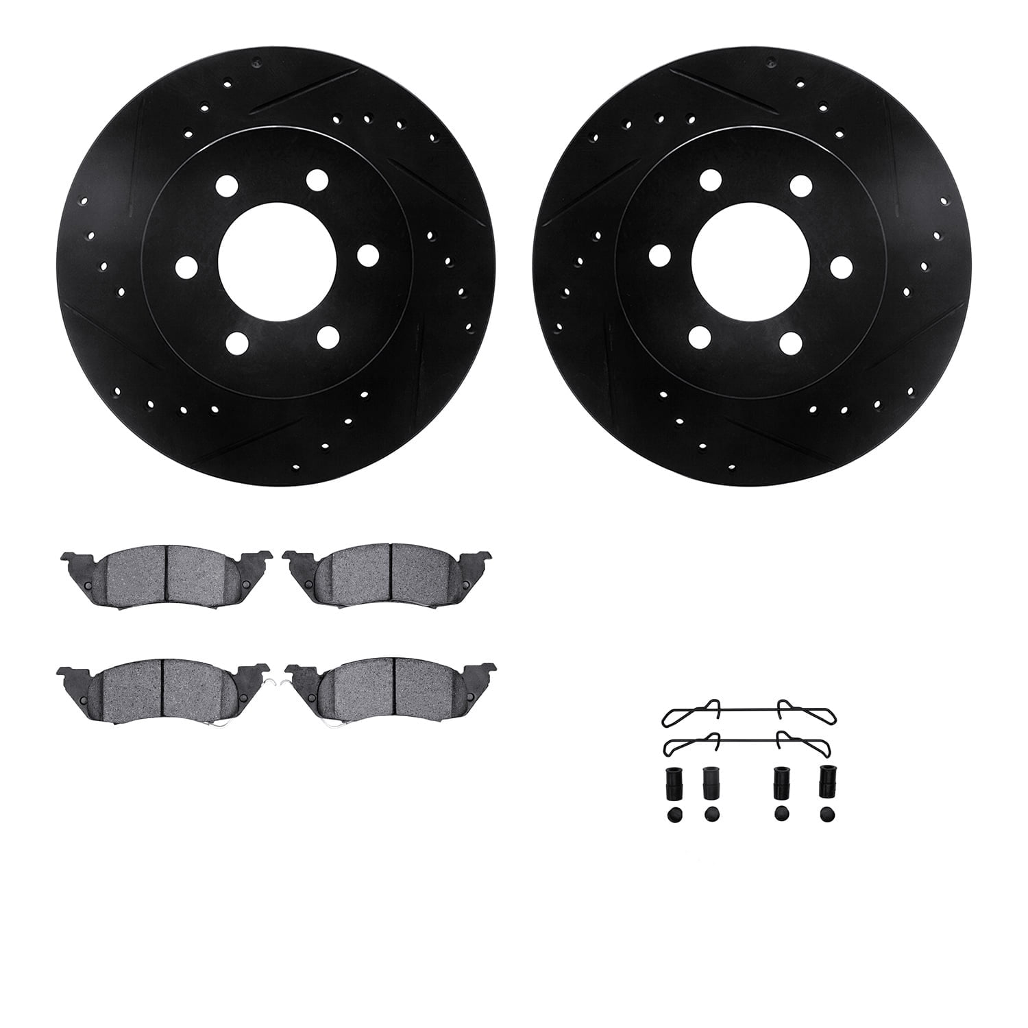 Dynamic Friction Company Front Brake Rotors-Drilled and Slotted-Black with Heavy Duty Brake Pads includes Hardware 8212-40129