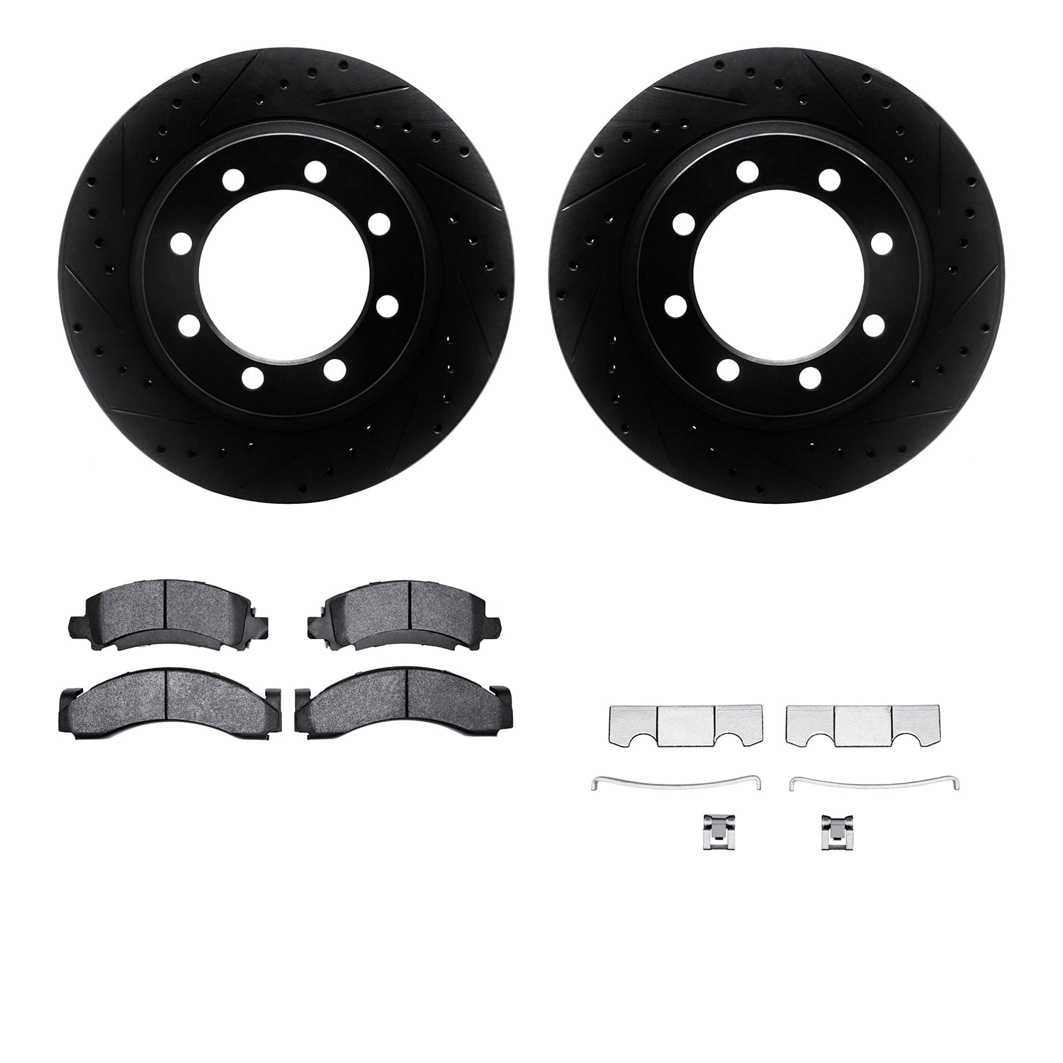 Dynamic Friction Company Front Brake Rotors-Drilled and Slotted-Black with Heavy Duty Brake Pads includes Hardware 8212-48086