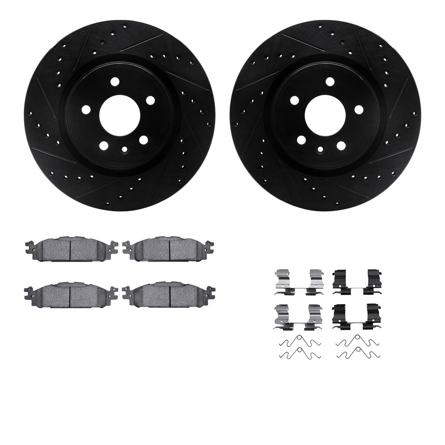 Dynamic Friction Company Front Brake Rotors-Drilled and Slotted-Black with Heavy Duty Brake Pads includes Hardware 8212-54002