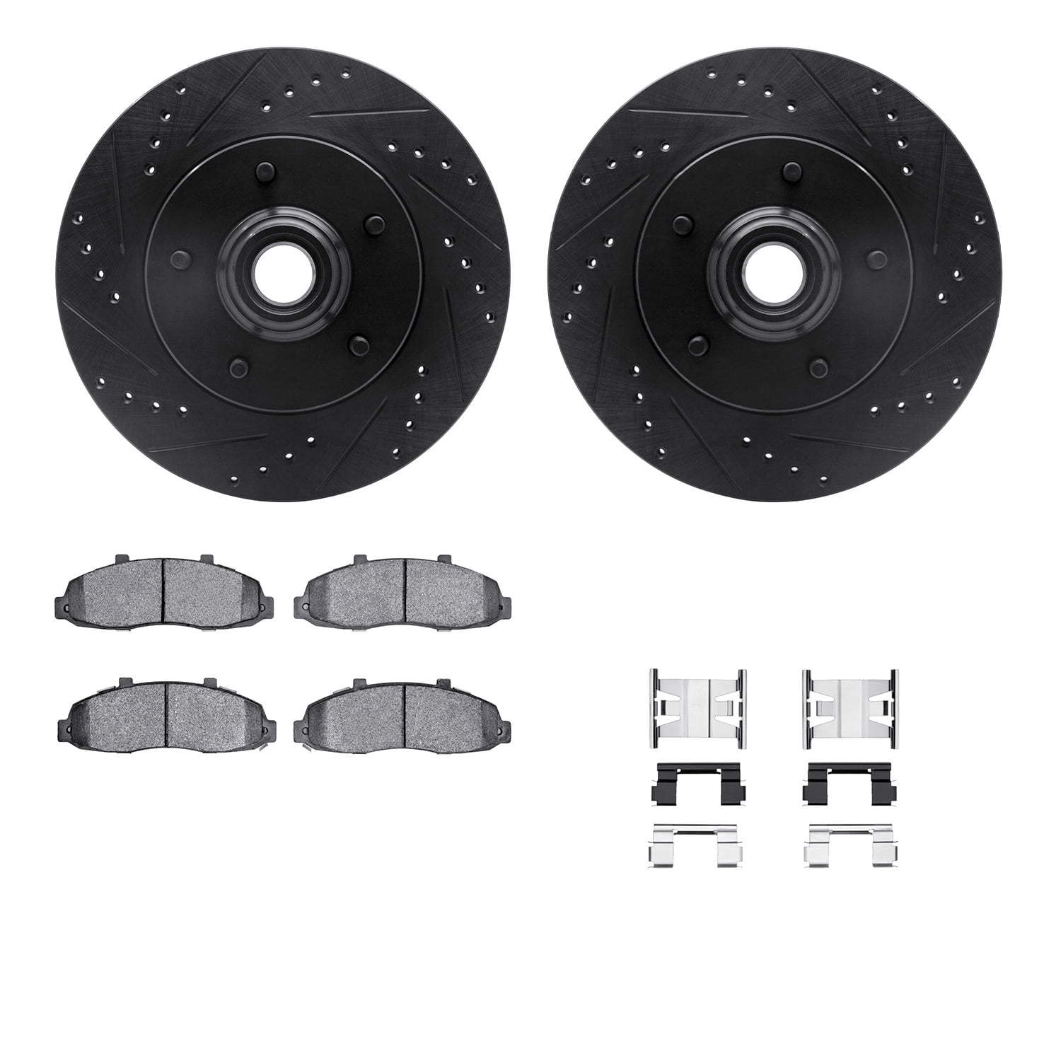 Dynamic Friction Company Front Brake Rotors-Drilled and Slotted-Black with Heavy Duty Brake Pads includes Hardware 8212-99130