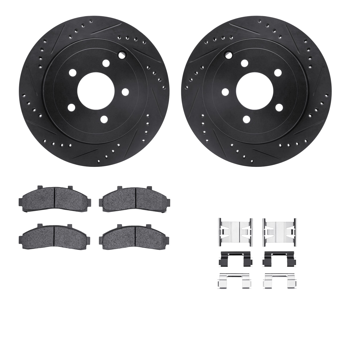 Dynamic Friction Company Front Brake Rotors-Drilled and Slotted-Black with Heavy Duty Brake Pads includes Hardware 8212-99142
