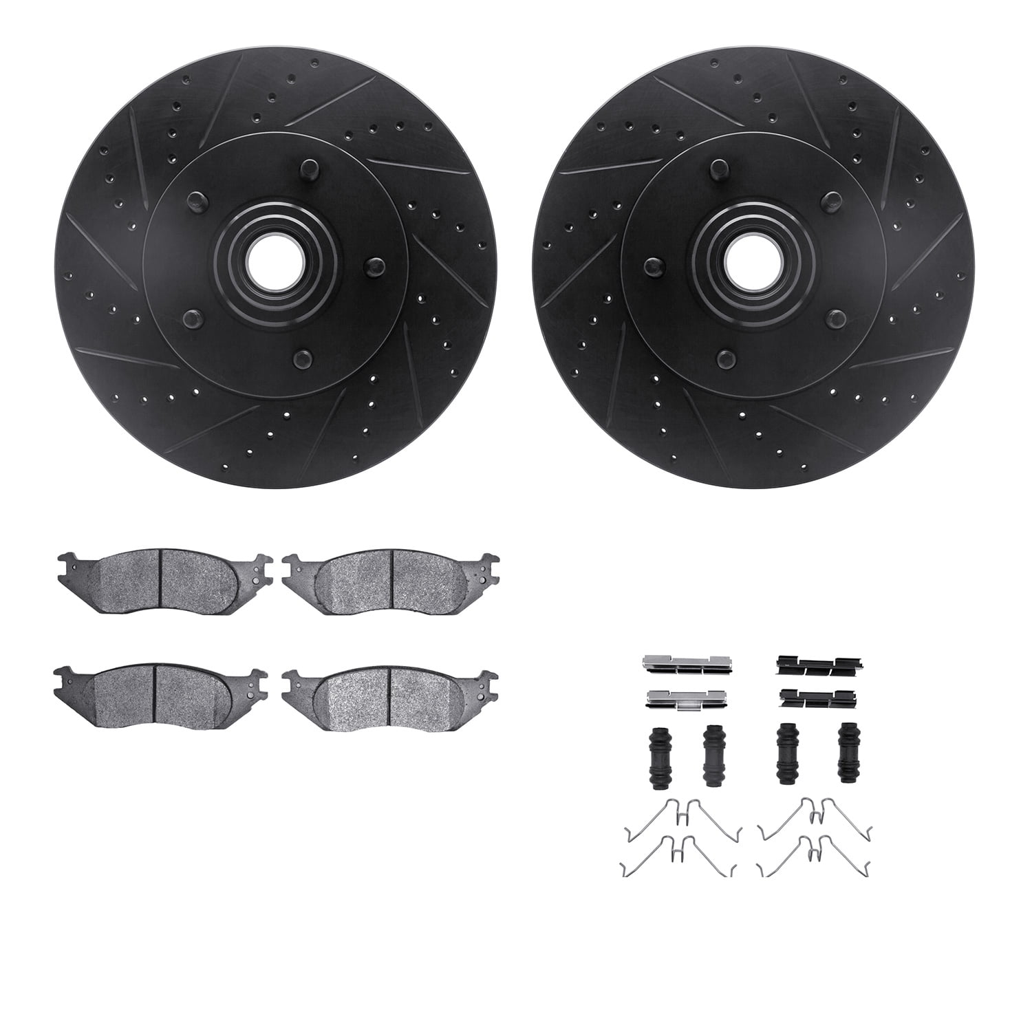 Dynamic Friction Company Front Brake Rotors-Drilled and Slotted-Black with Heavy Duty Brake Pads includes Hardware 8212-99191