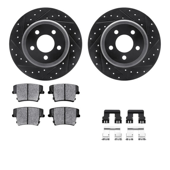 Dynamic Friction Company Front Brake Rotors Drilled and Slotted Black with Heavy Duty Brake Pads includes Hardware - 8212-99207
