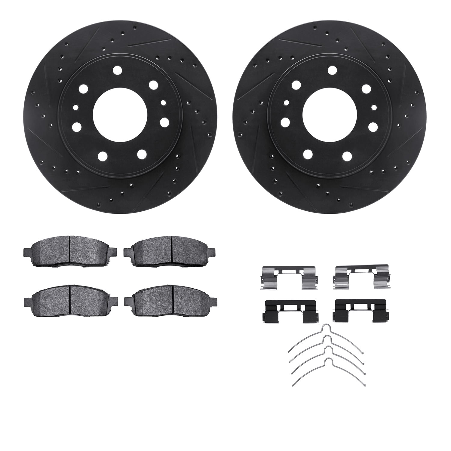 Dynamic Friction Company Front Brake Rotors-Drilled and Slotted-Black with Heavy Duty Brake Pads includes Hardware 8212-99225