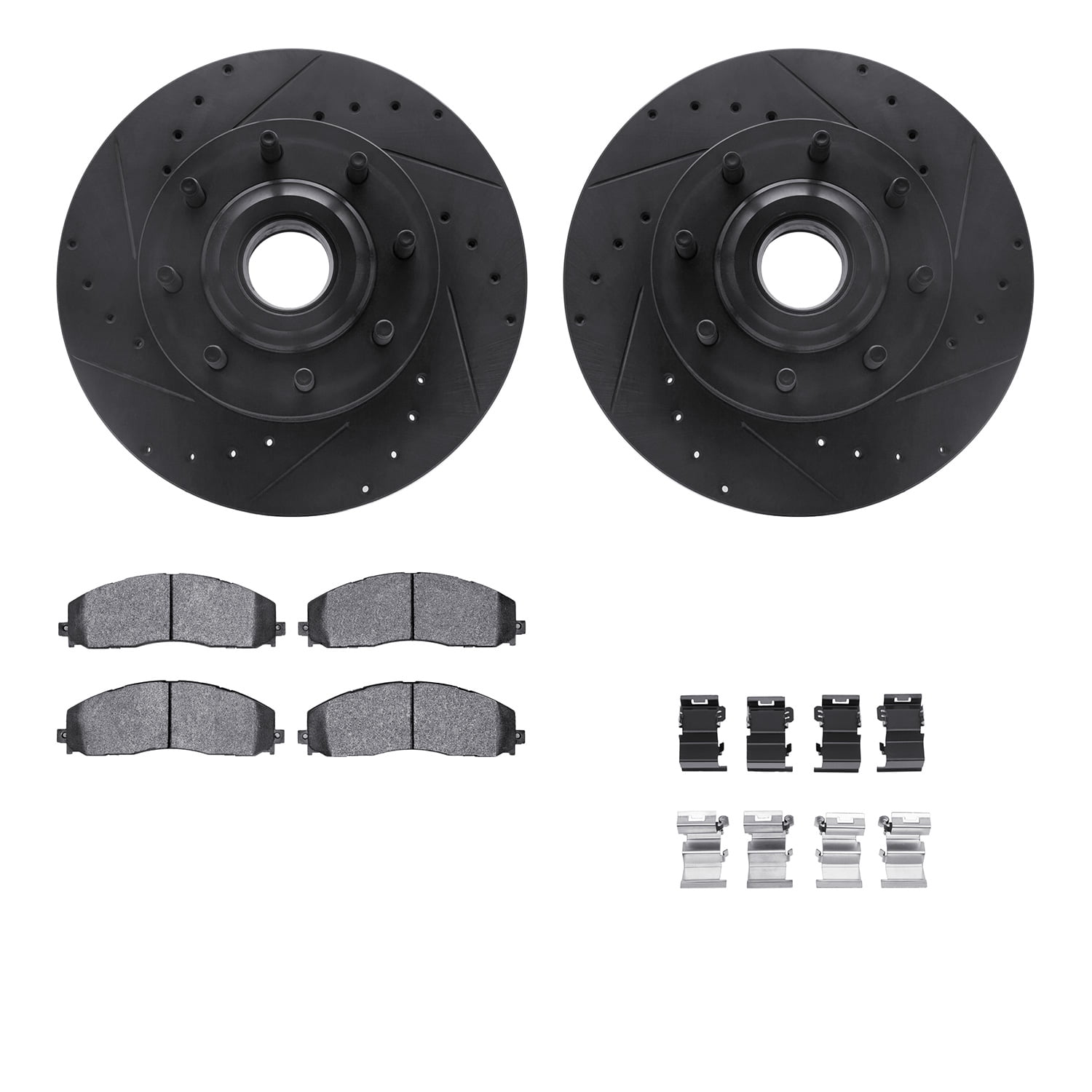 Dynamic Friction Company Front Brake Rotors-Drilled and Slotted-Black with Heavy Duty Brake Pads includes Hardware 8212-99236
