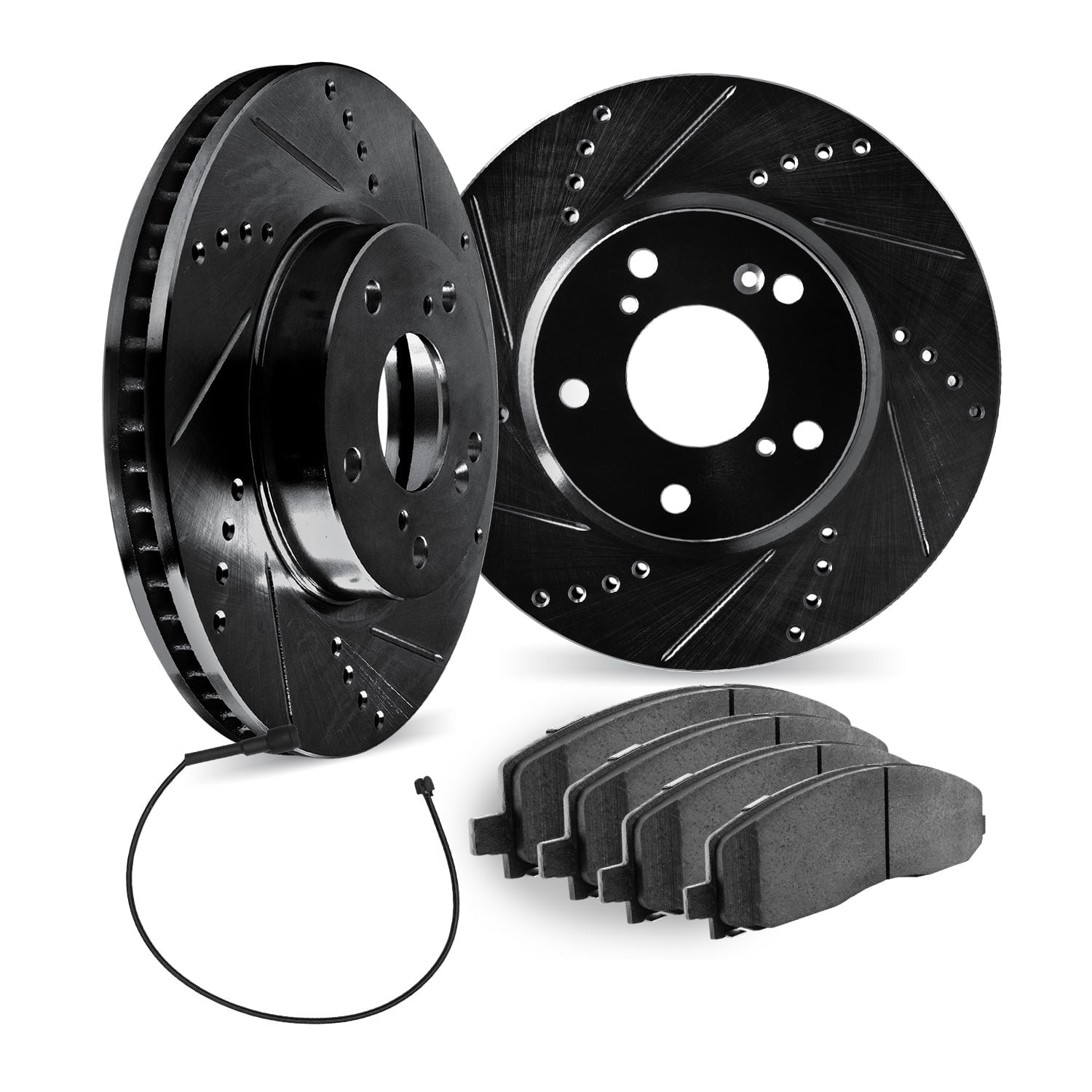 Dynamic Friction Company Front Brake Rotors Drilled and Slotted Black with Heavy Duty Brake Pads includes Sensor - 8232-40003