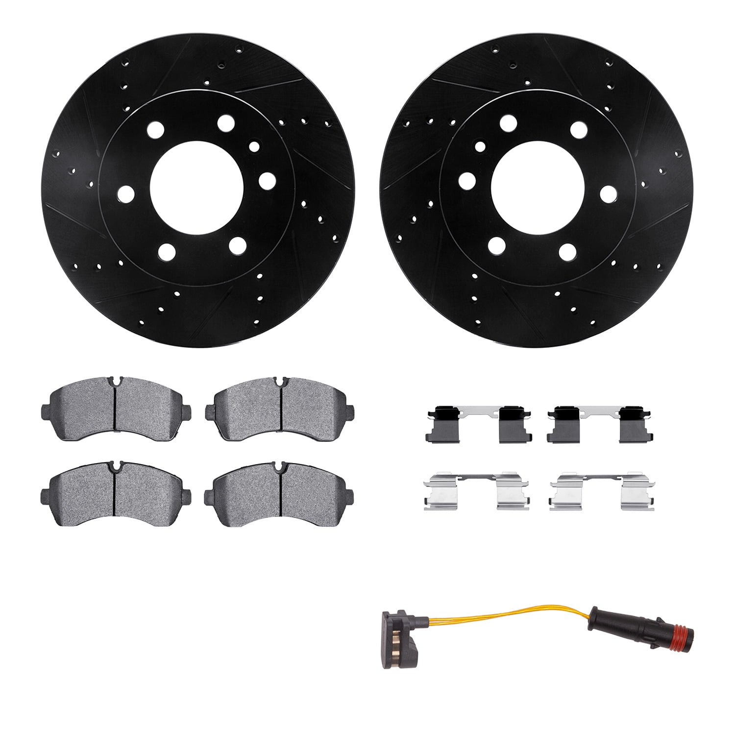 Dynamic Friction Company Front Brake Rotors-Drilled and Slotted-Black with Heavy Duty Brake Pads includes Sensor and Hardware 8222-40011