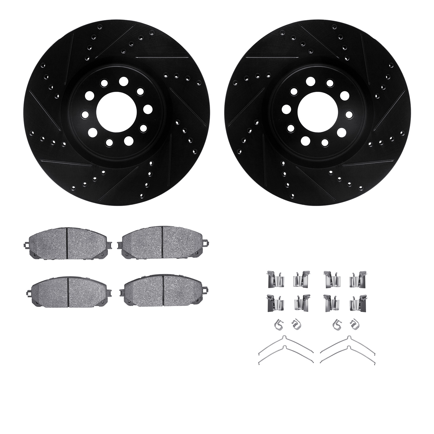 Dynamic Friction Company Front Brake Rotors-Drilled and Slotted-Black with Ultimate Duty Performance Brake Pads includes Hardware 8412-42016