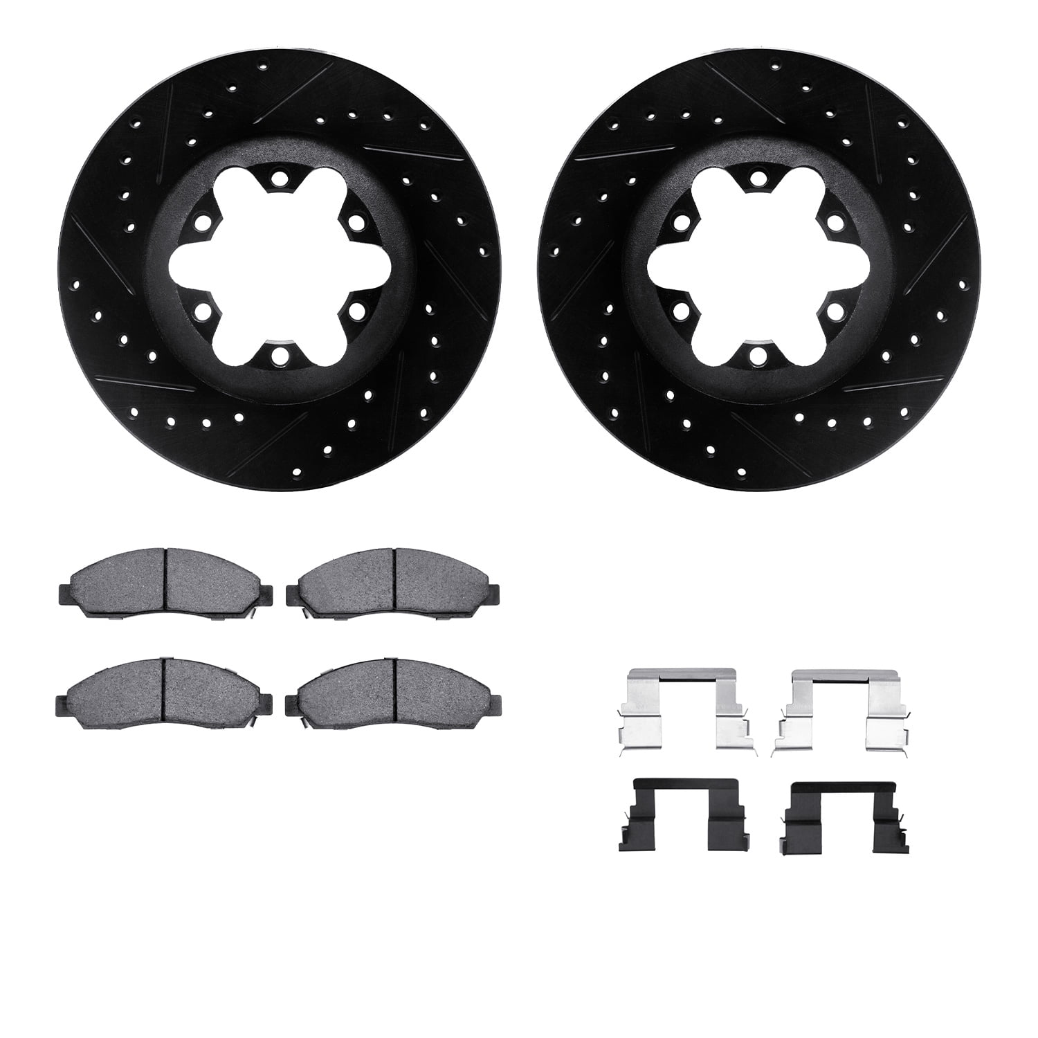 Dynamic Friction Company Front Brake Rotors-Drilled and Slotted-Black with Ultimate Duty Performance Brake Pads includes Hardware 8412-48034