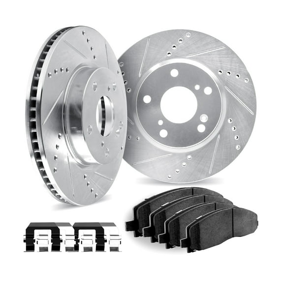 Dynamic Friction Company Front Brake Rotors Drilled and Slotted Black with Ultimate Duty Performance Brake Pads includes Hardware - 8412-54007