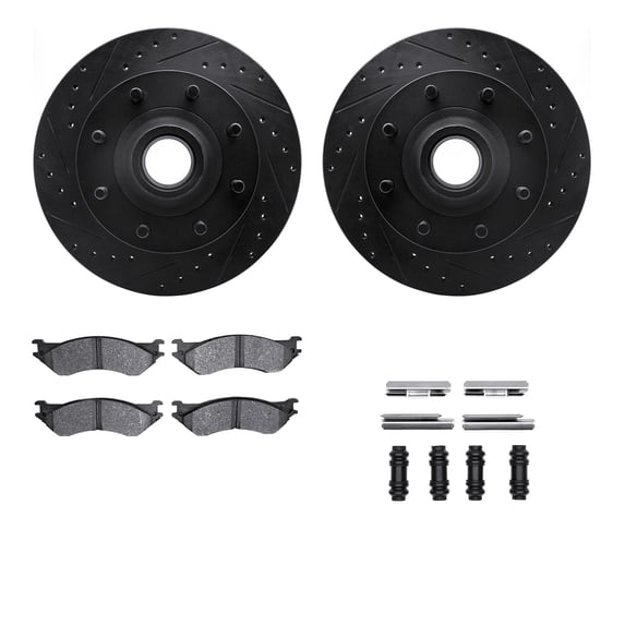 Dynamic Friction Company Front Brake Rotors-Drilled and Slotted-Black with Ultimate Duty Performance Brake Pads includes Hardware 8412-54025