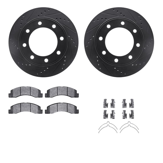 Dynamic Friction Company Front Brake Rotors-Drilled and Slotted-Black with Ultimate Duty Performance Brake Pads includes Hardware 8412-54062