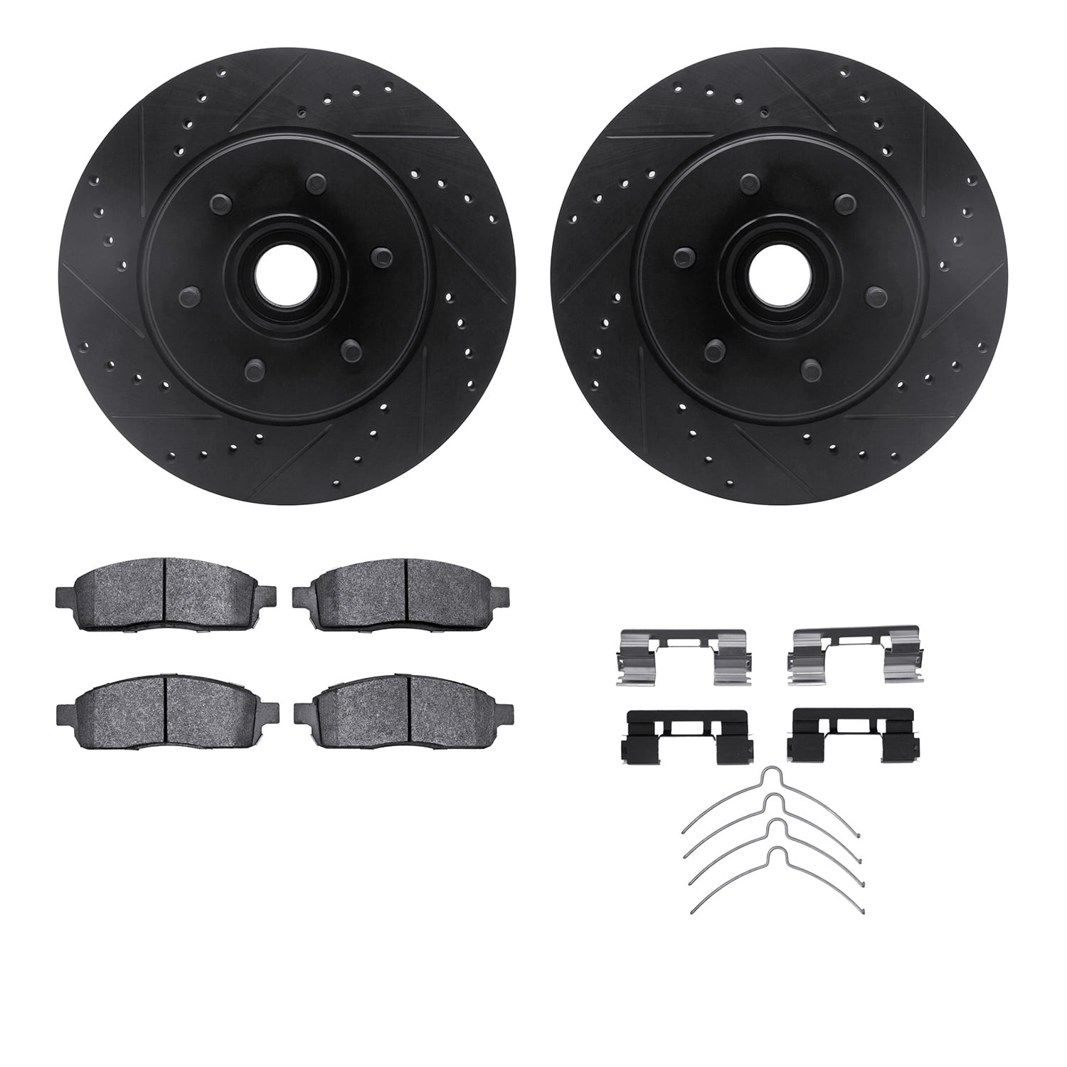 Dynamic Friction Company Front Brake Rotors-Drilled and Slotted-Black with Ultimate Duty Performance Brake Pads includes Hardware 8412-54071