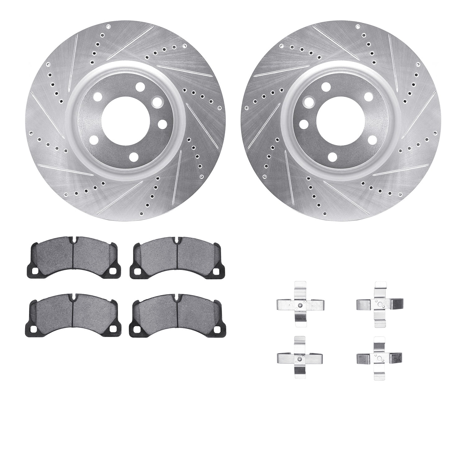 Dynamic Friction Company Front Brake Rotors-Drilled and Slotted-Silver with 5000 Advanced Brake Pads includes Hardware 7512-02011
