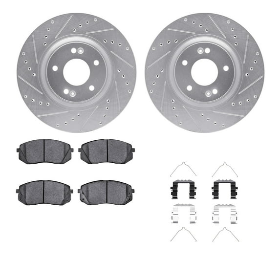 Dynamic Friction Company Front Brake Rotors-Drilled and Slotted-Silver with 5000 Advanced Brake Pads includes Hardware 7512-03003