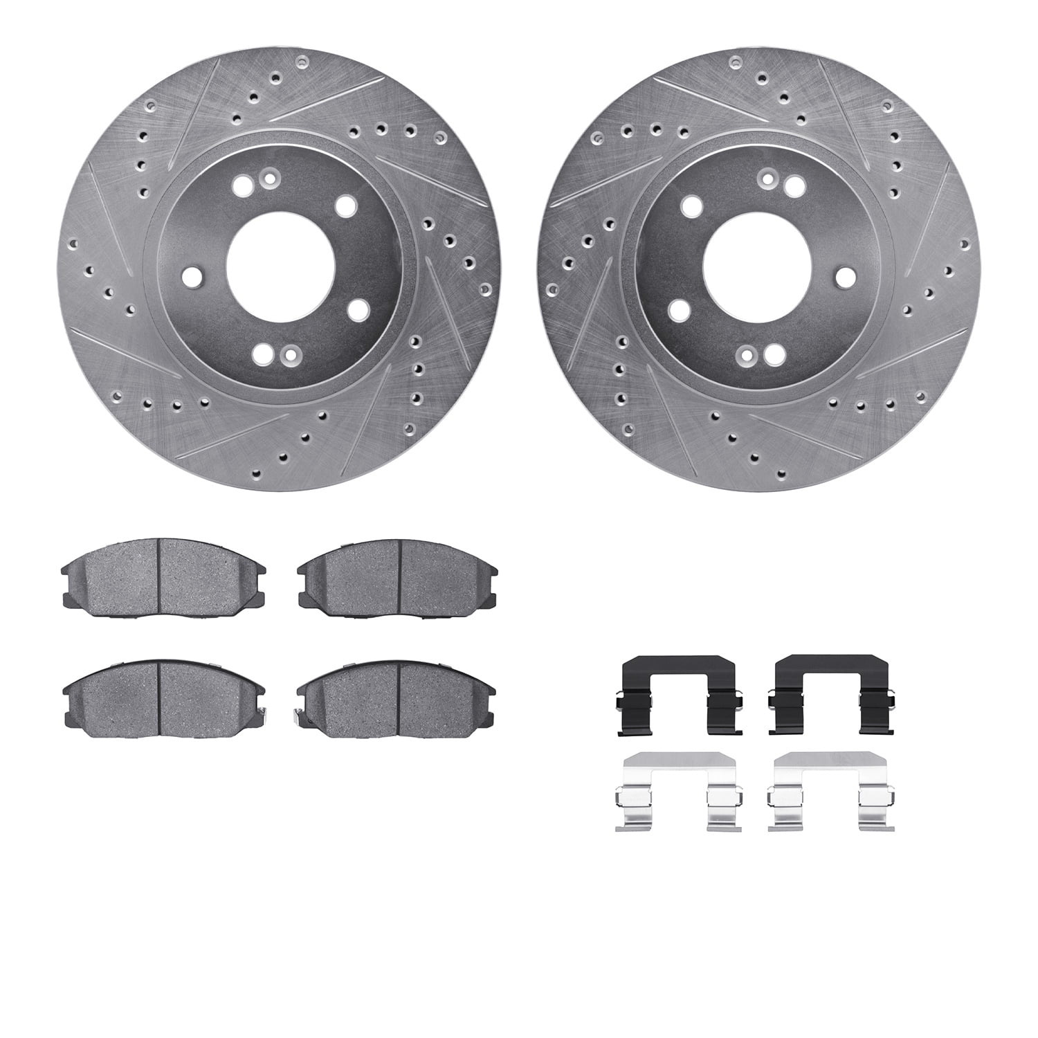 Dynamic Friction Company Front Brake Rotors-Drilled and Slotted-Silver with 5000 Advanced Brake Pads includes Hardware 7512-03023