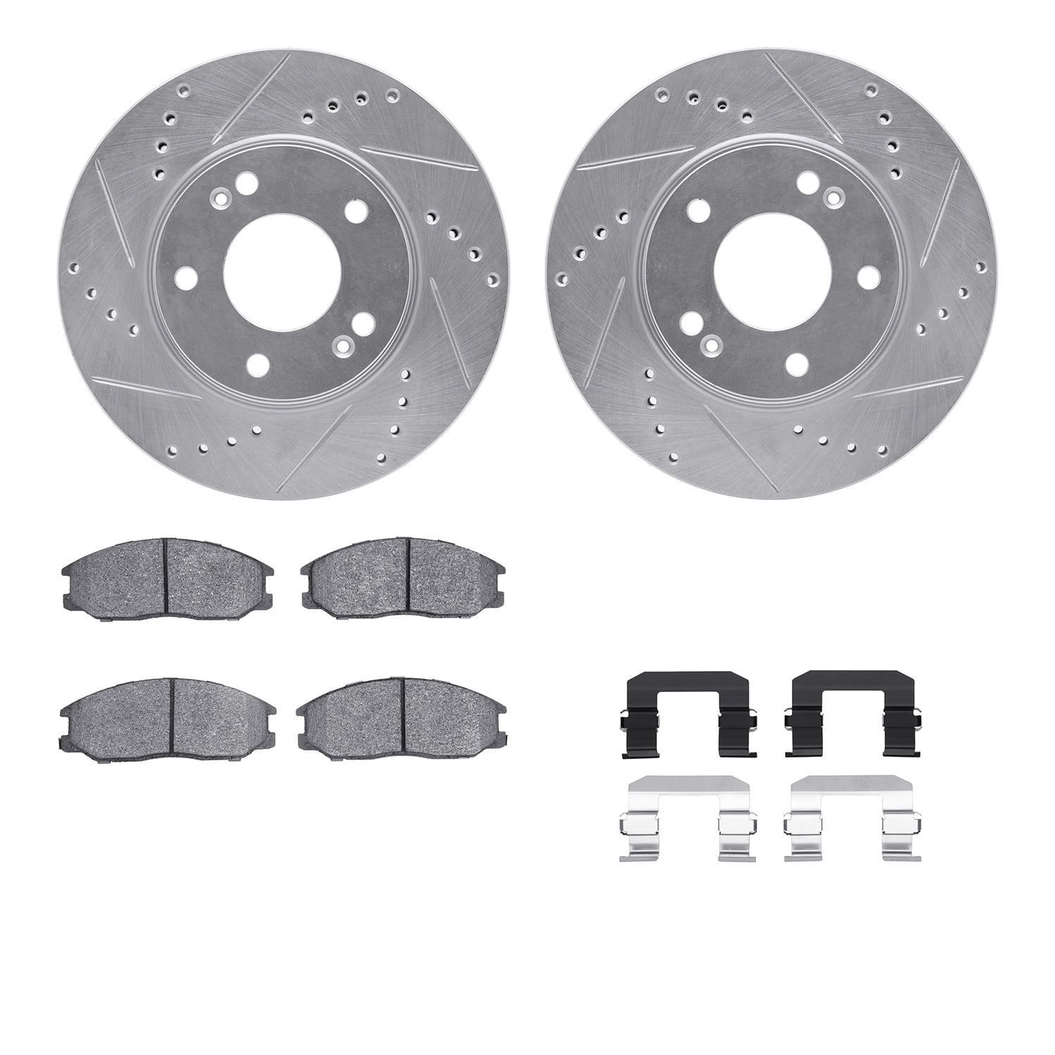 Dynamic Friction Company Front Brake Rotors-Drilled and Slotted-Silver with 5000 Advanced Brake Pads includes Hardware 7512-03024