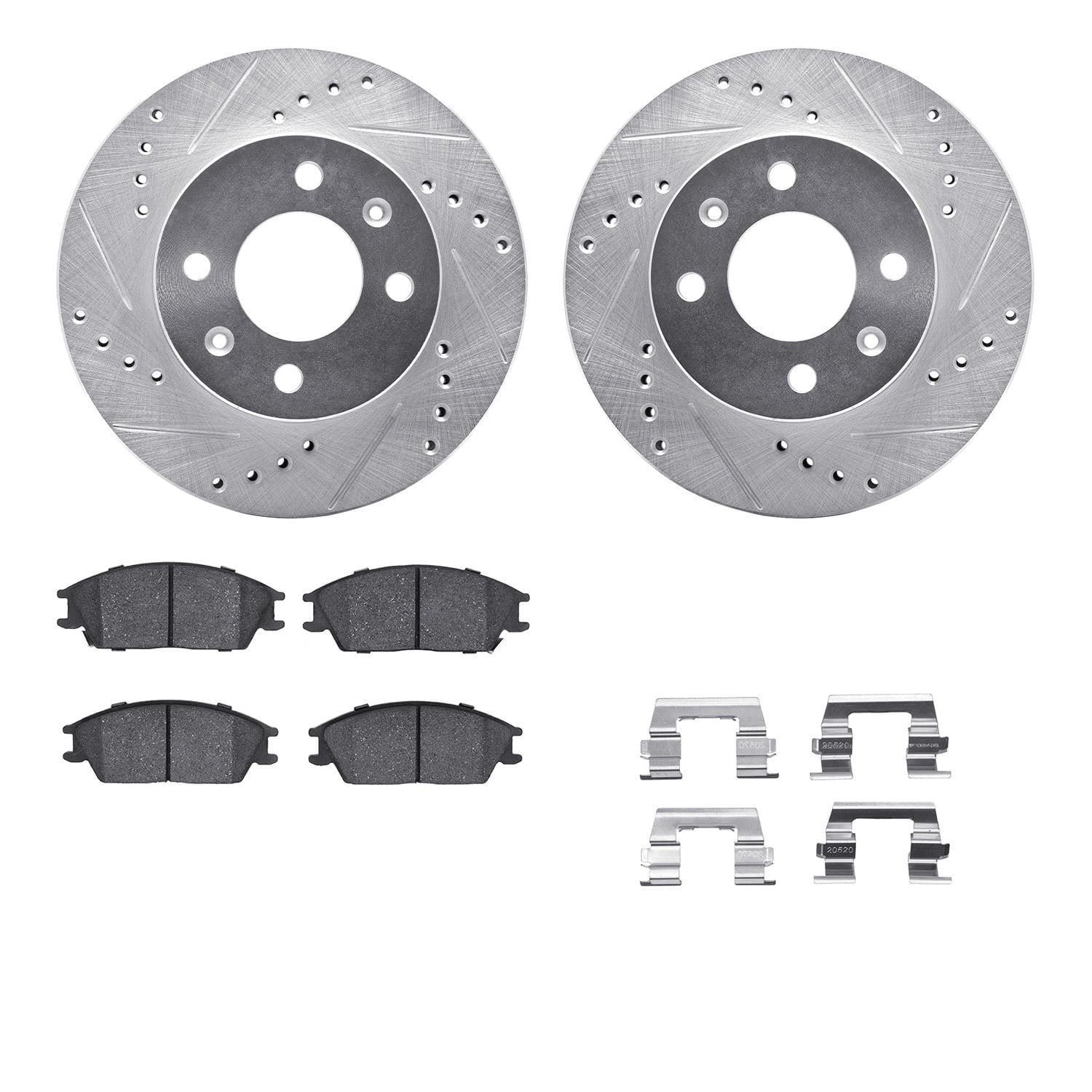 Dynamic Friction Company Front Brake Rotors-Drilled and Slotted-Silver with 5000 Advanced Brake Pads includes Hardware 7512-03028