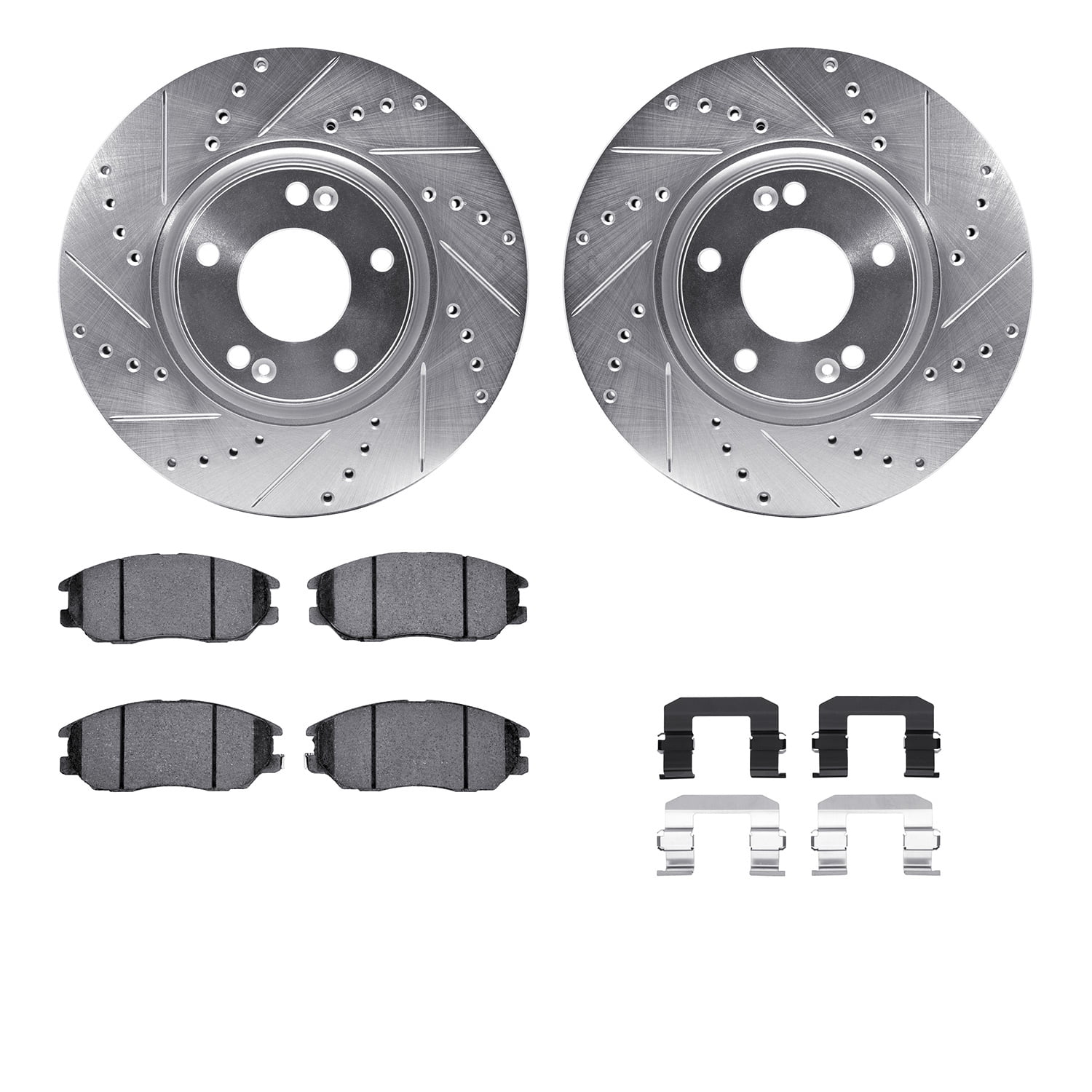 Dynamic Friction Company Front Brake Rotors-Drilled and Slotted-Silver with 5000 Advanced Brake Pads includes Hardware 7512-03029