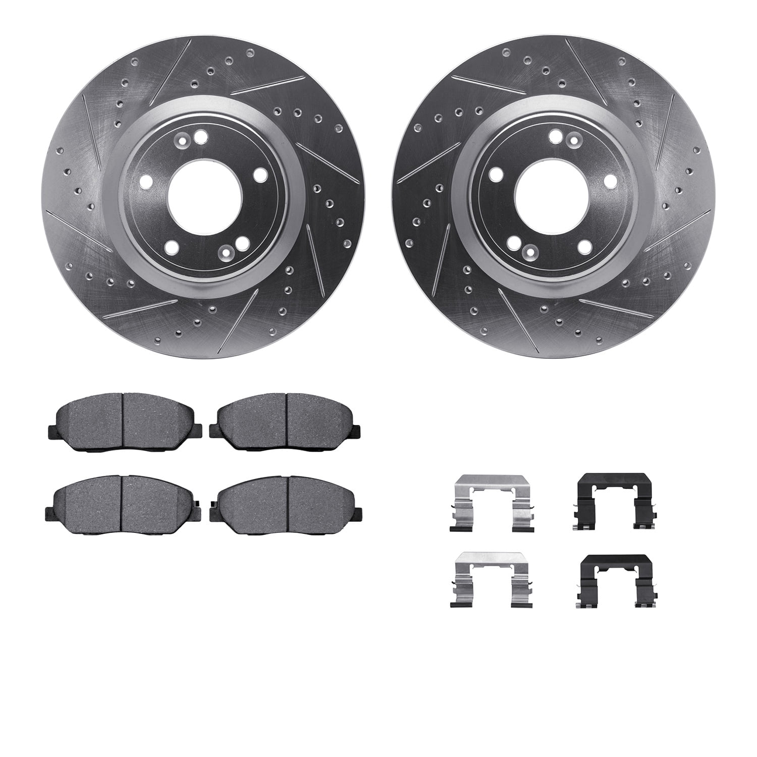 Dynamic Friction Company Front Brake Rotors-Drilled and Slotted-Silver with 5000 Advanced Brake Pads includes Hardware 7512-03062